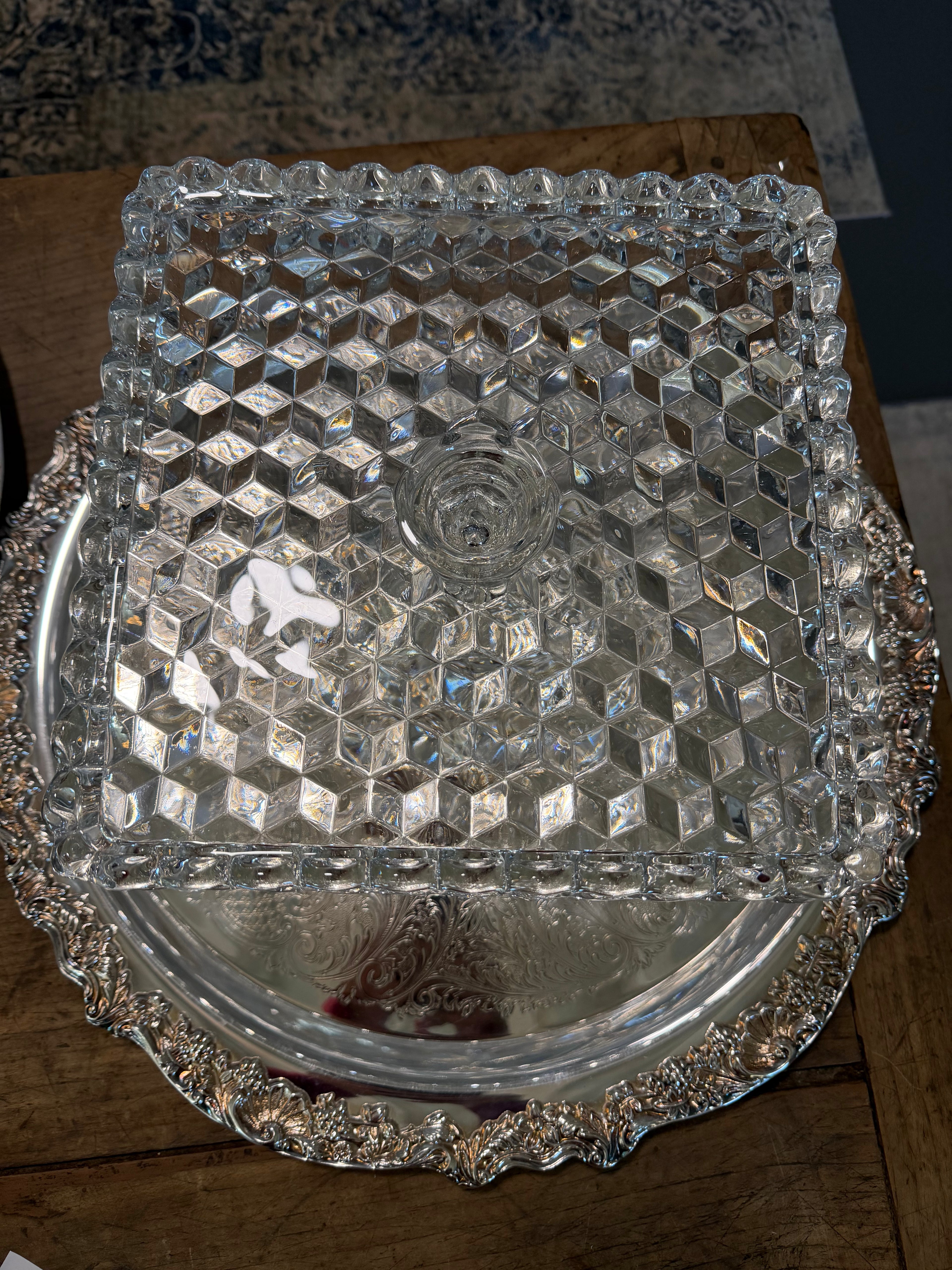 Vintage "Crystal Wedding" Pattern Pressed Glass Pedestal Cake Stand — 10.25” Square