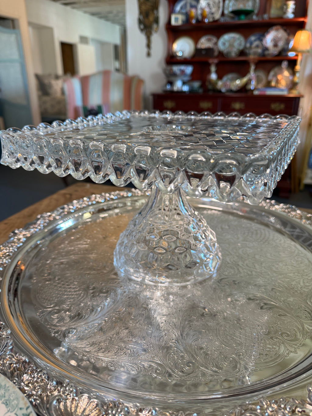 Vintage "Crystal Wedding" Pattern Pressed Glass Pedestal Cake Stand — 10.25” Square