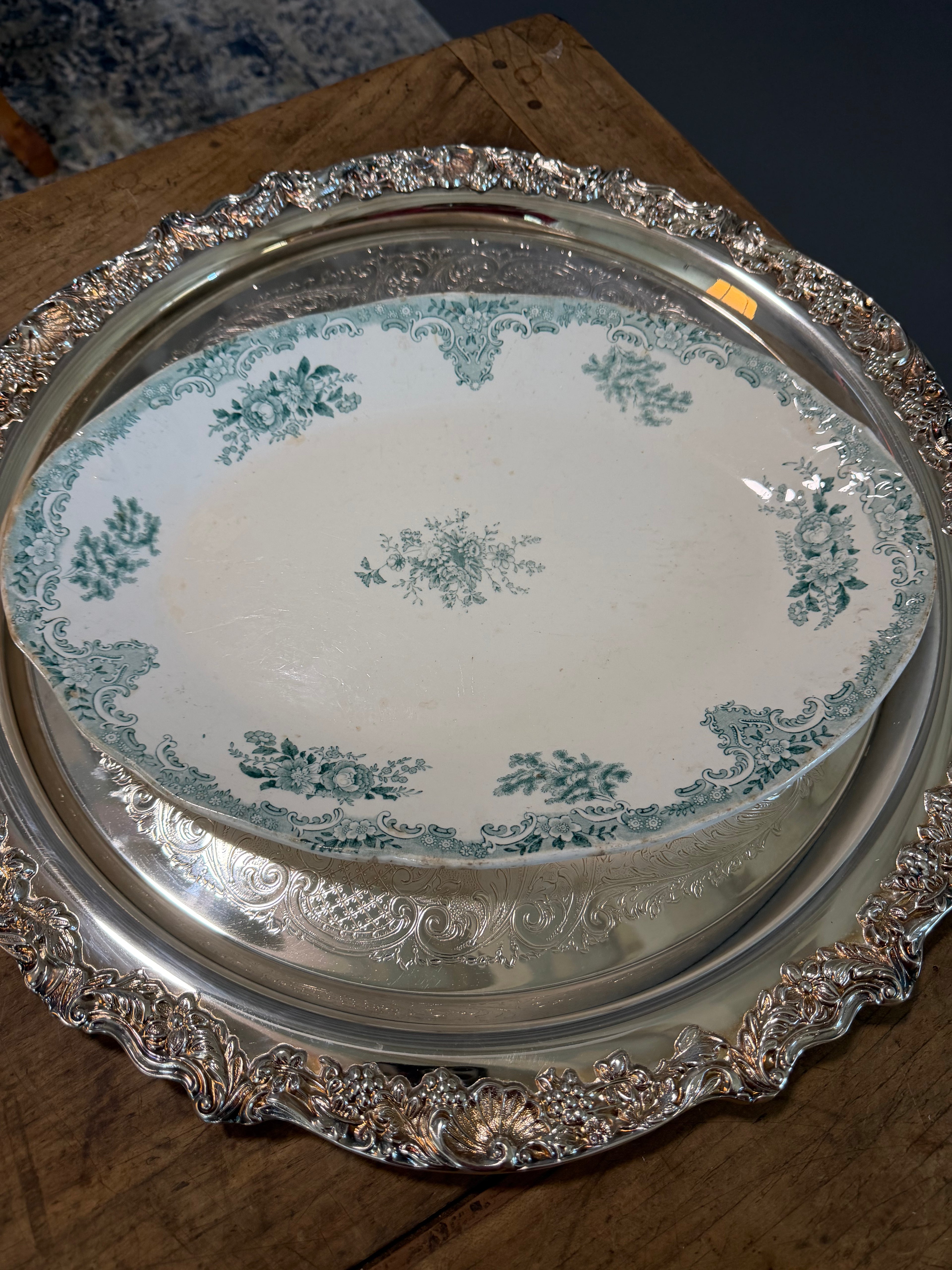 Antique Pitcairns Limited “Blemdon” Green Transferware Platter — 15”