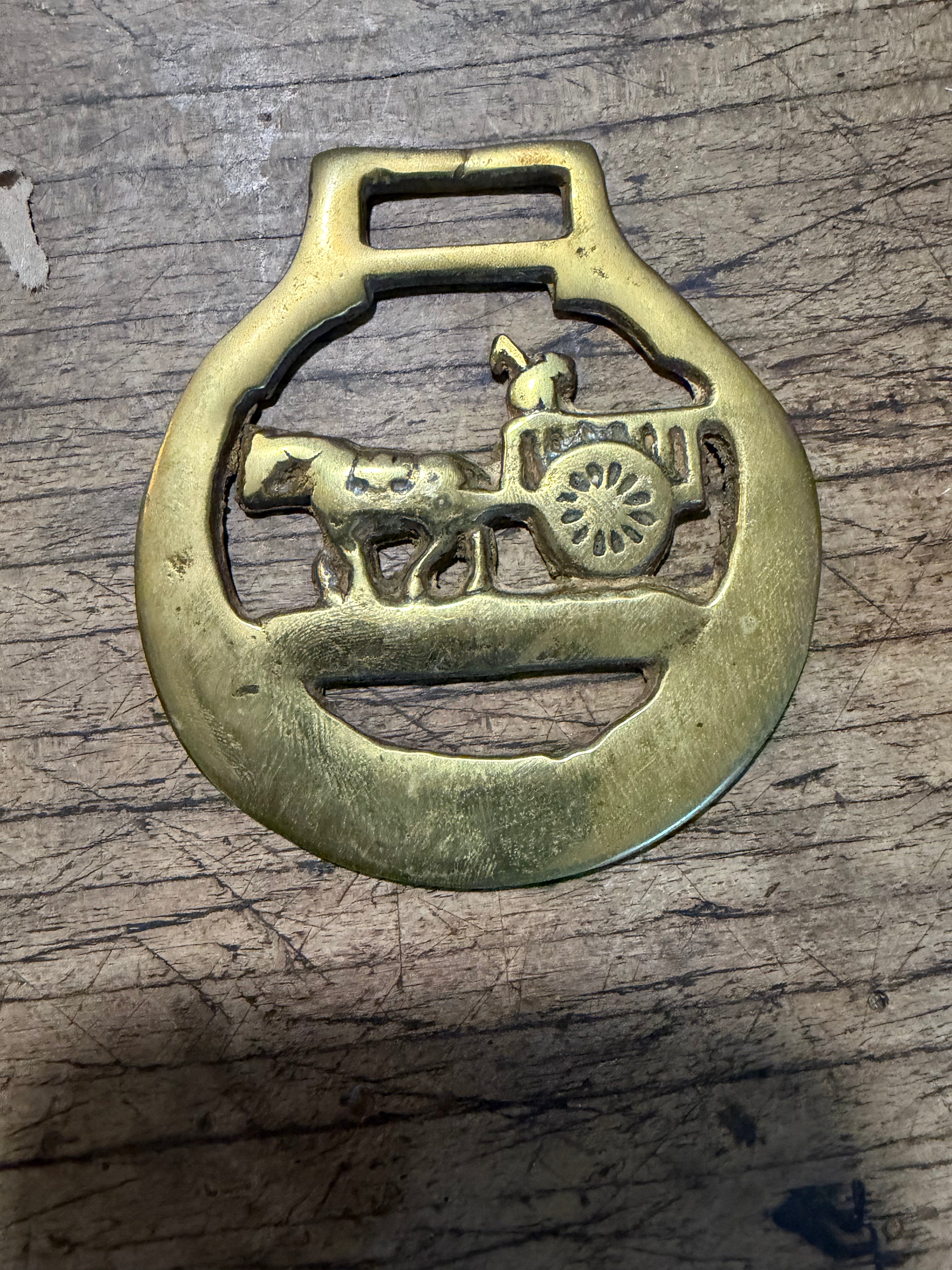 Circular Horse Brass Medallion with Horse and Cart Motif