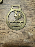Circular Horse Brass Medallion with Rooster and Trumpet Motif