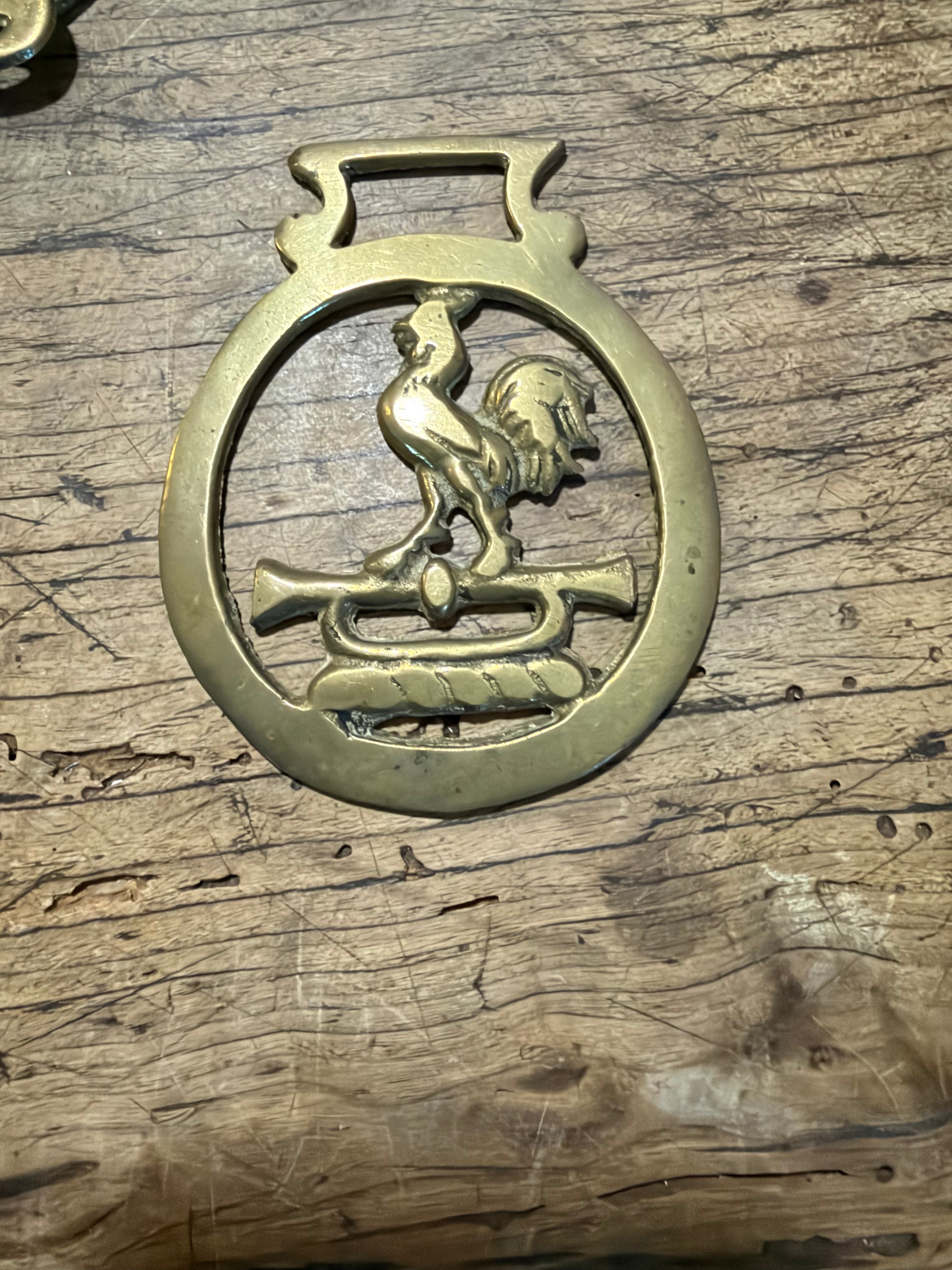 Circular Horse Brass Medallion with Rooster and Trumpet Motif