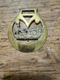 Circular Horse Brass Medallion with V and Plowing Scene