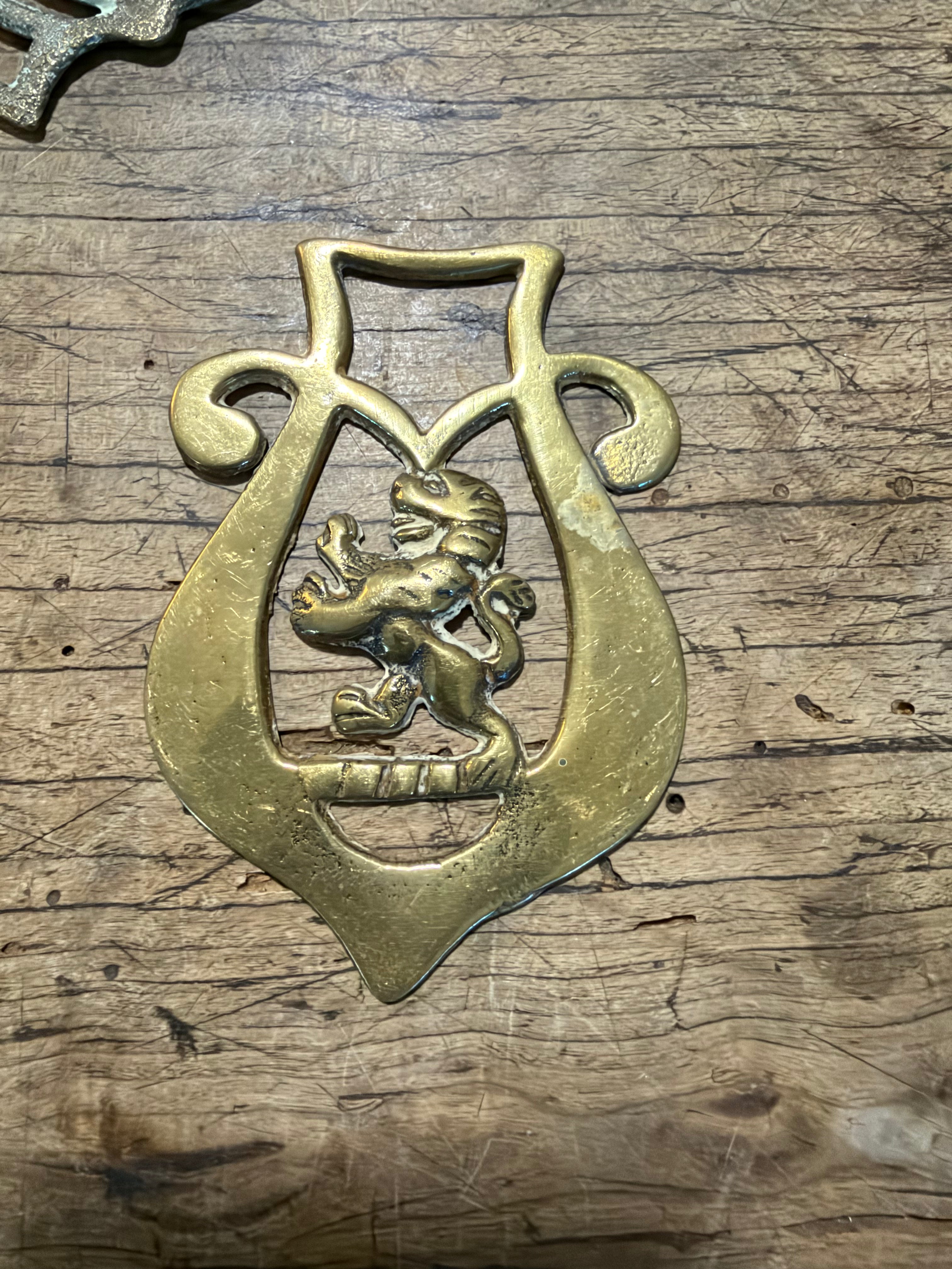 Pointed Oval Horse Brass Medallion with Heraldic Lion Motif