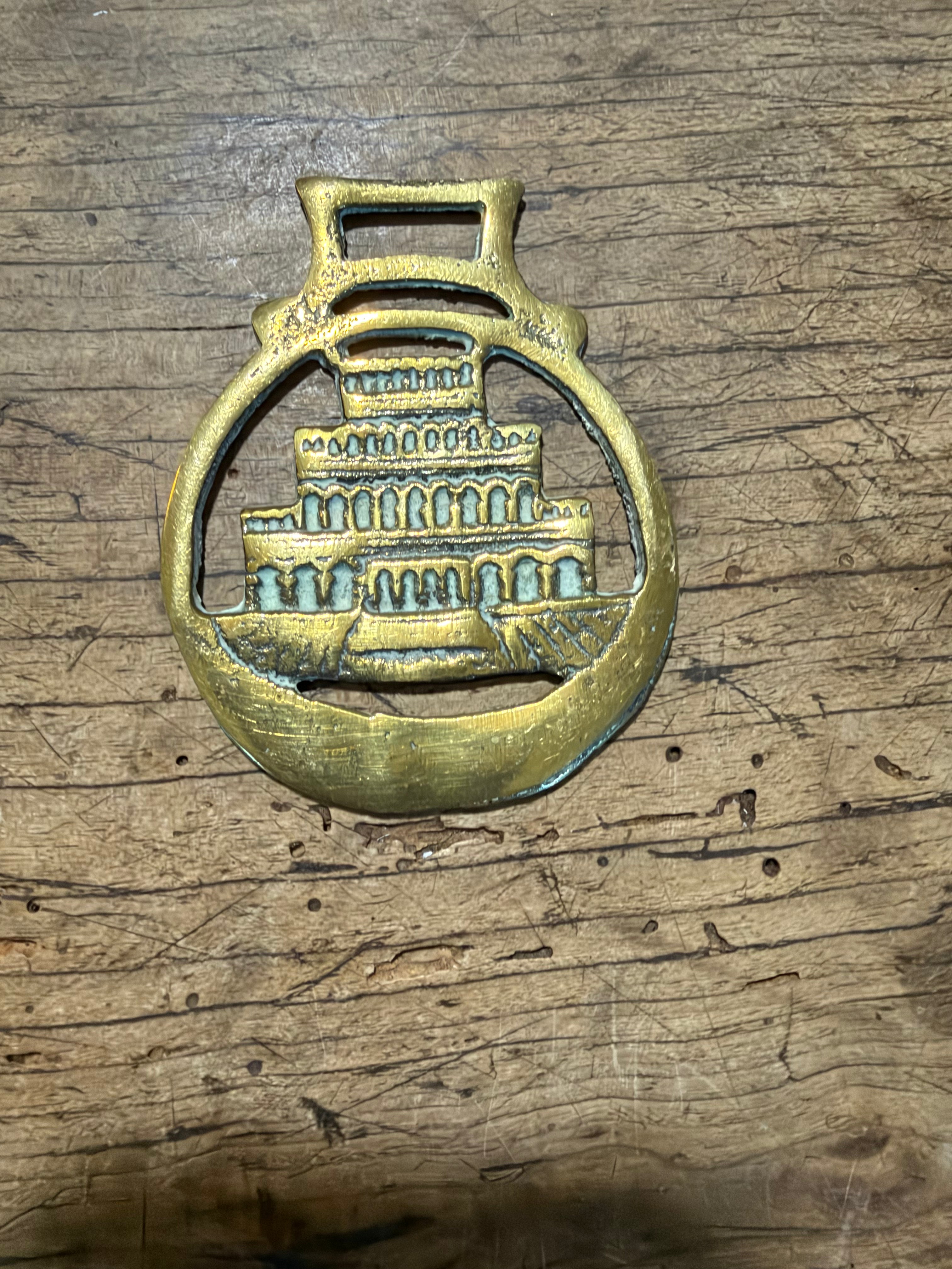 Circular Horse Brass Medallion with Architectural Motif