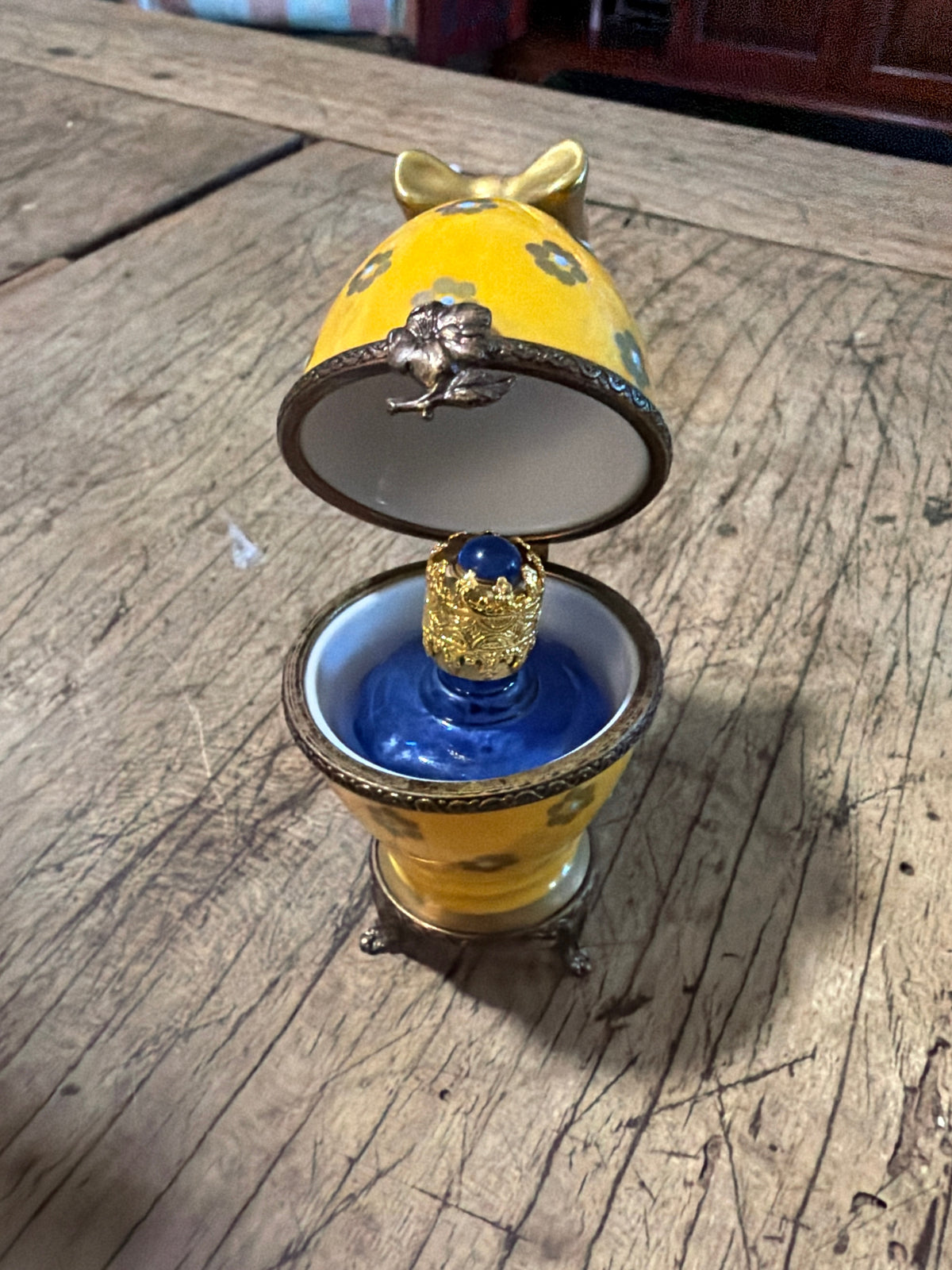 Vintage French Limoges Parry-Vieille Yellow Egg Box with Cobalt Perfume Bottle – 3 Inches