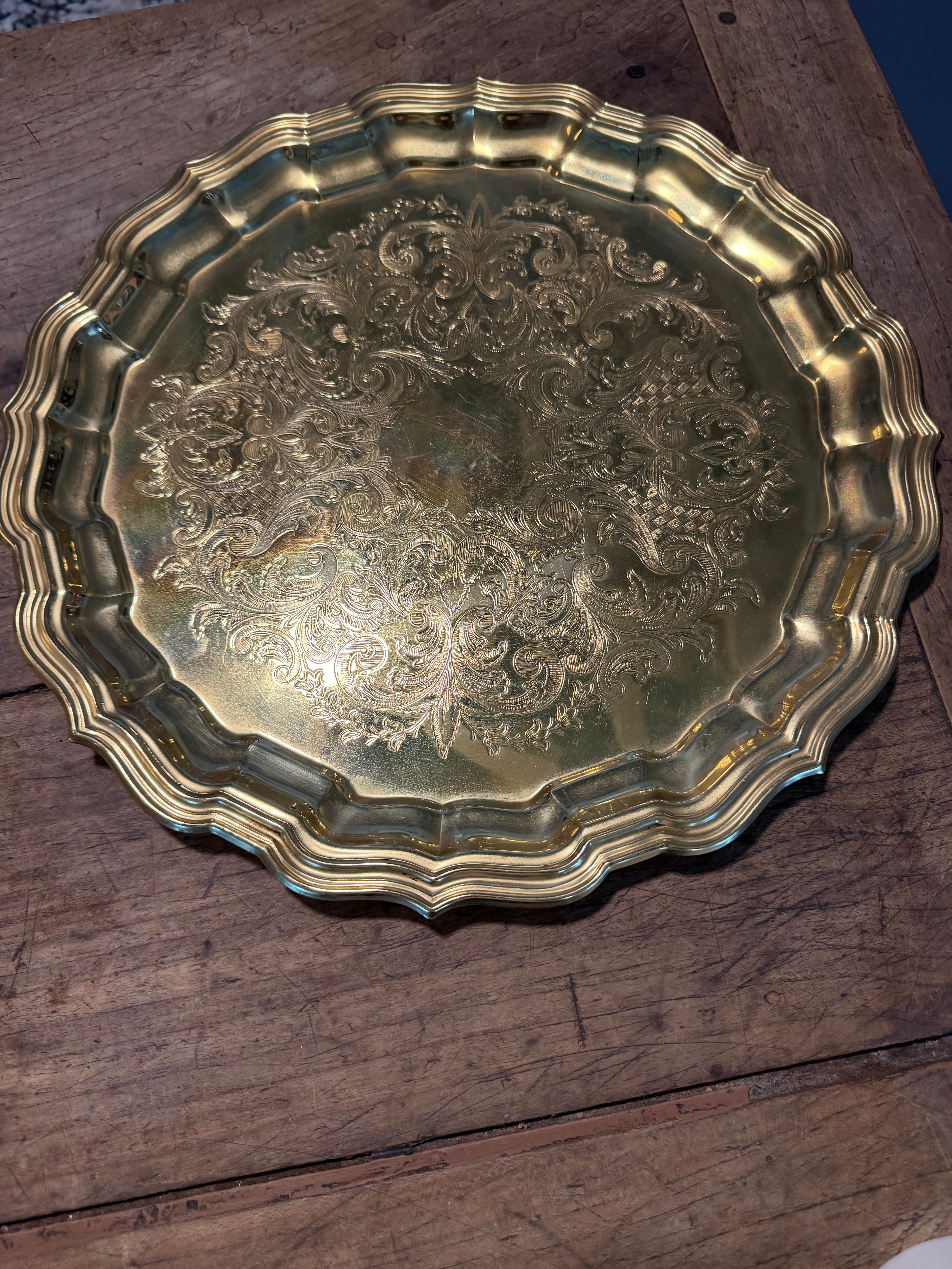 Vintage Embossed Brass Tray with Scrollwork — 14 Inches
