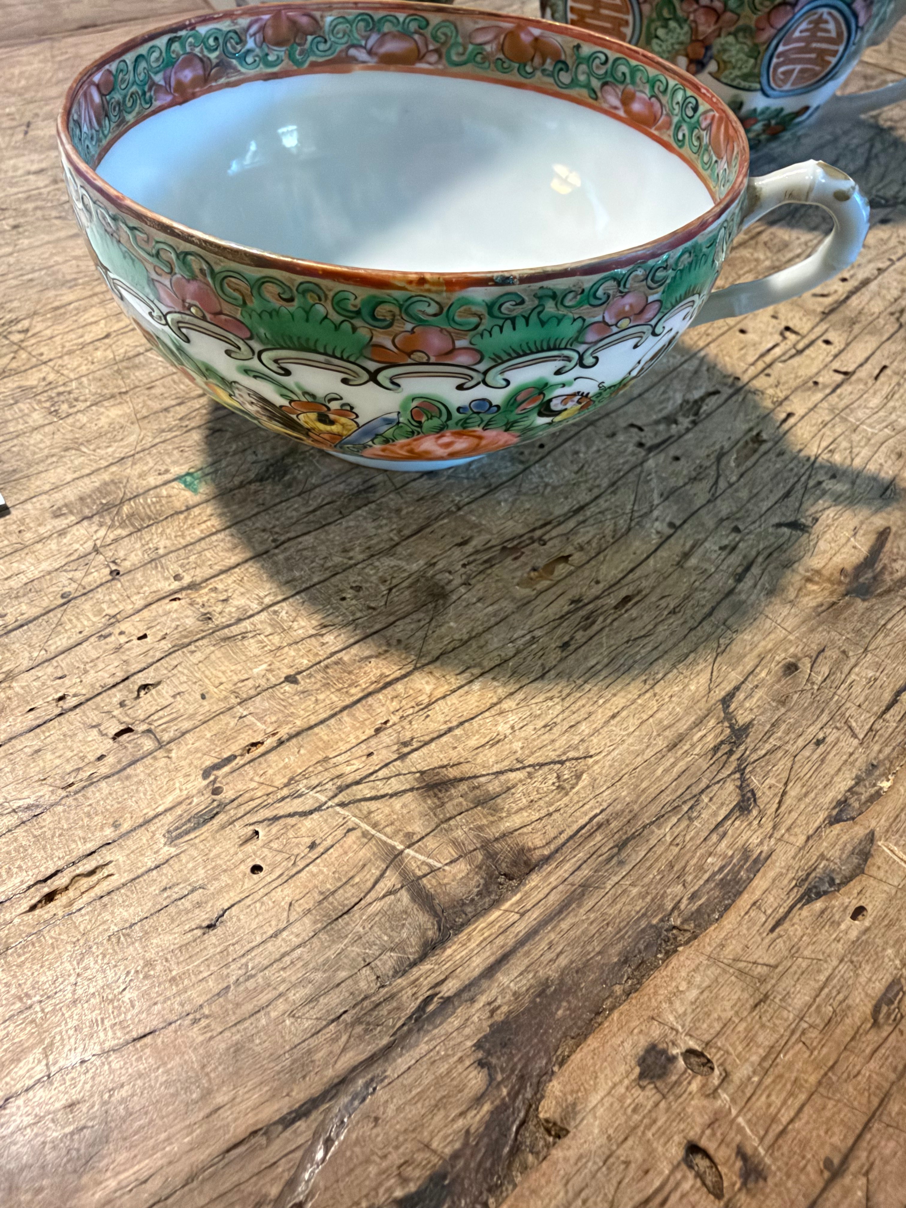 Antique Rose Canton Teacup with Butterfly Decoration