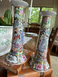Pair of Vintage Rose Medallion Porcelain Candlesticks – 10 Inches Tall