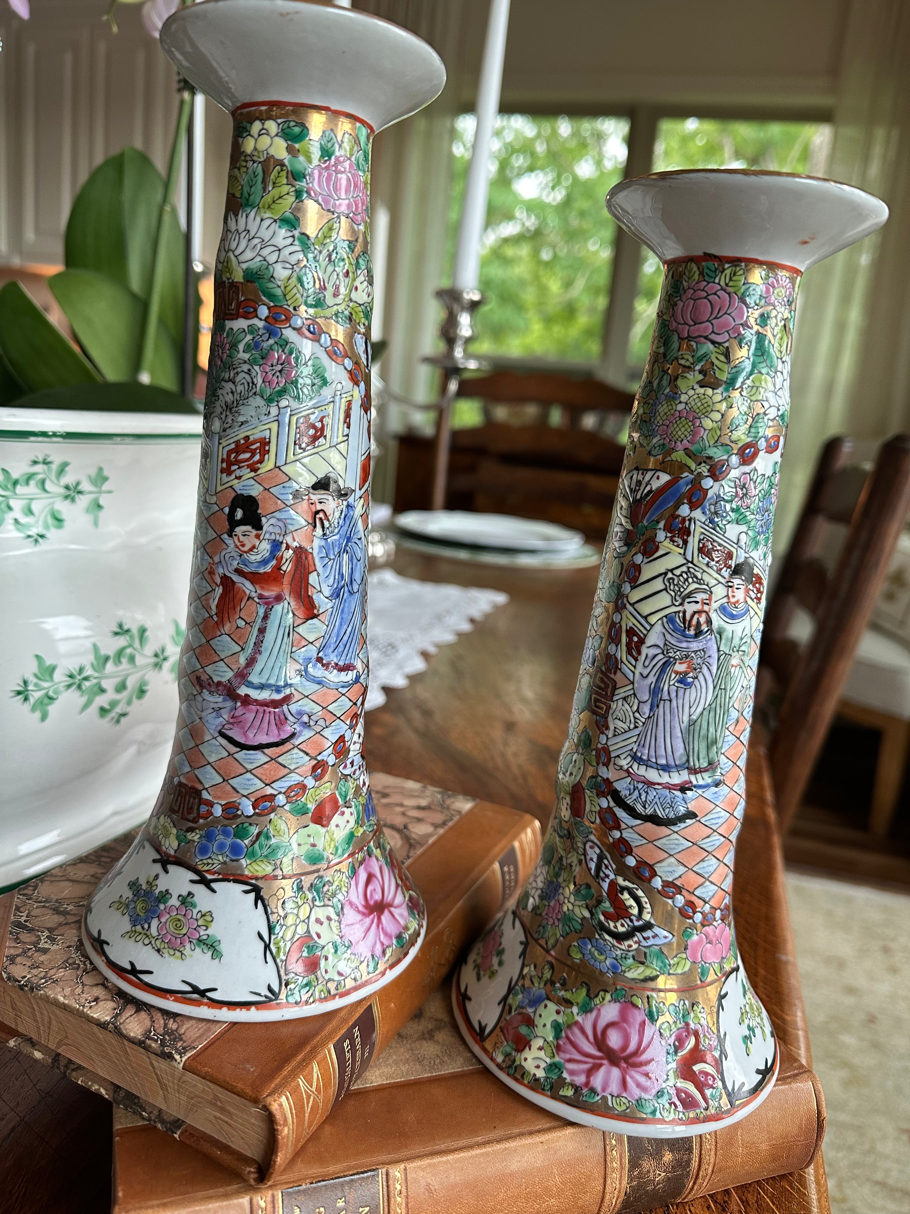 Pair of Vintage Rose Medallion Porcelain Candlesticks – 10 Inches Tall