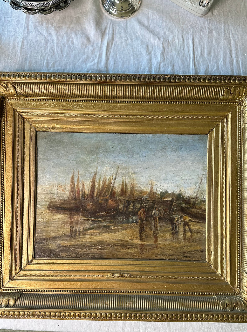 Large Vintage Harbor Scene Oil Painting Signed Alphonse Rubbens | Ornate Gold Frame | 31” x 26”
