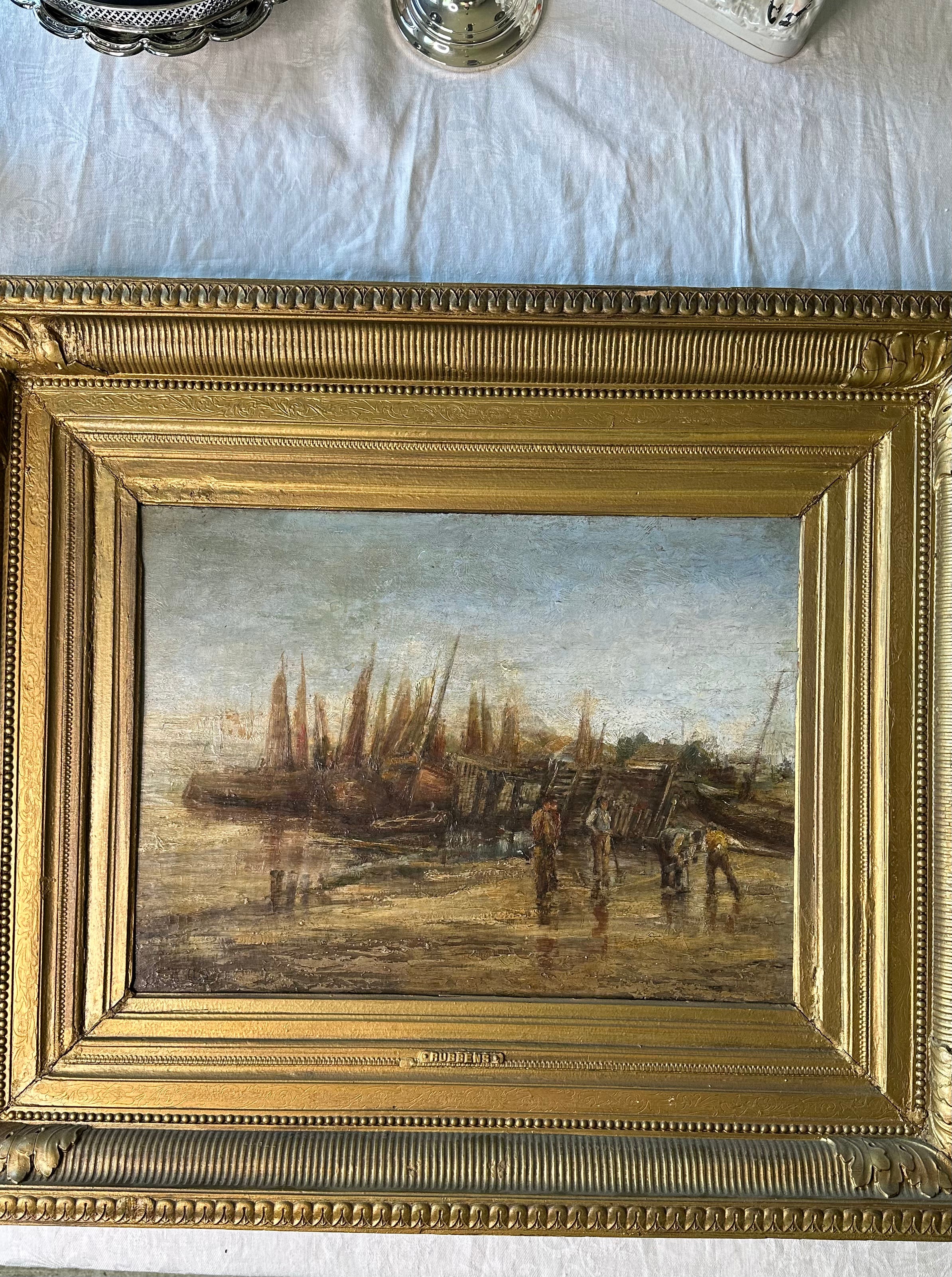 Large Vintage Harbor Scene Oil Painting Signed Alphonse Rubbens | Ornate Gold Frame | 31” x 26”