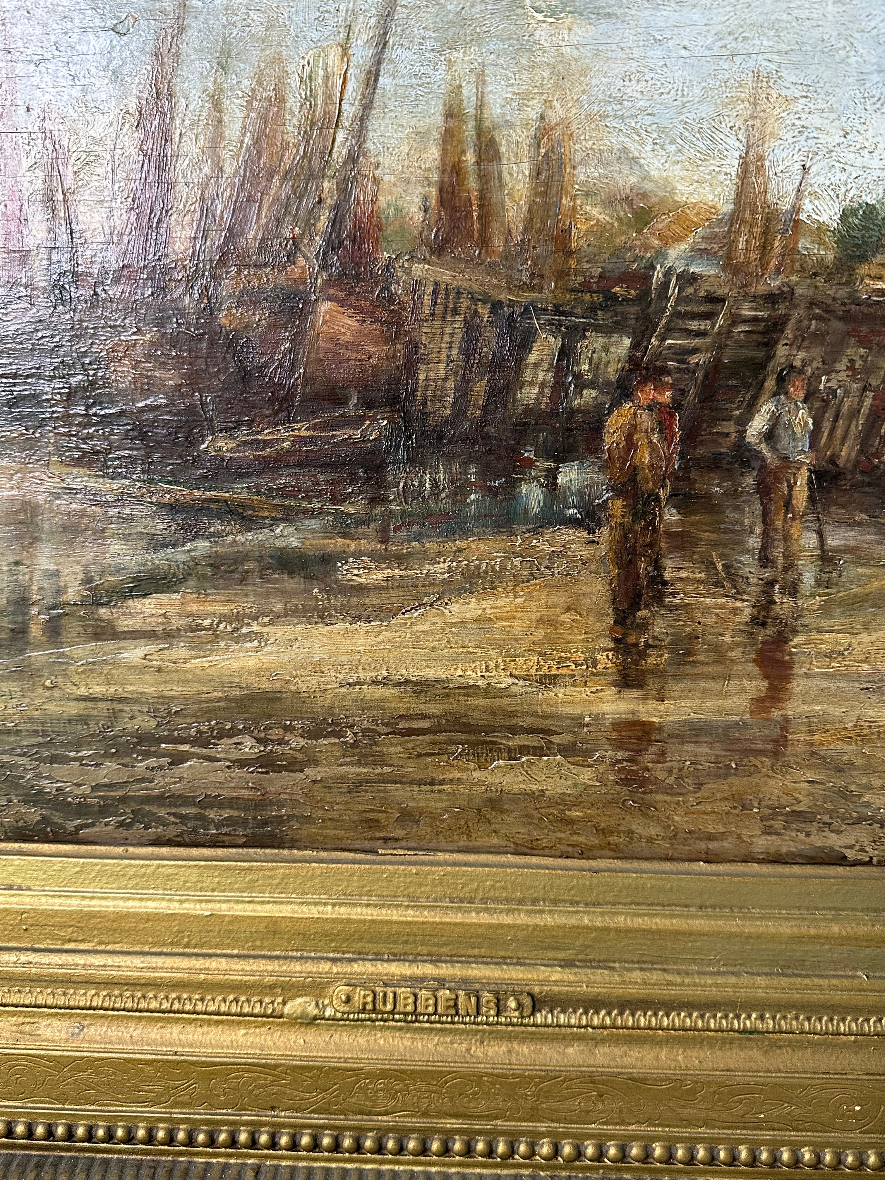 Large Vintage Harbor Scene Oil Painting Signed Alphonse Rubbens | Ornate Gold Frame | 31” x 26”
