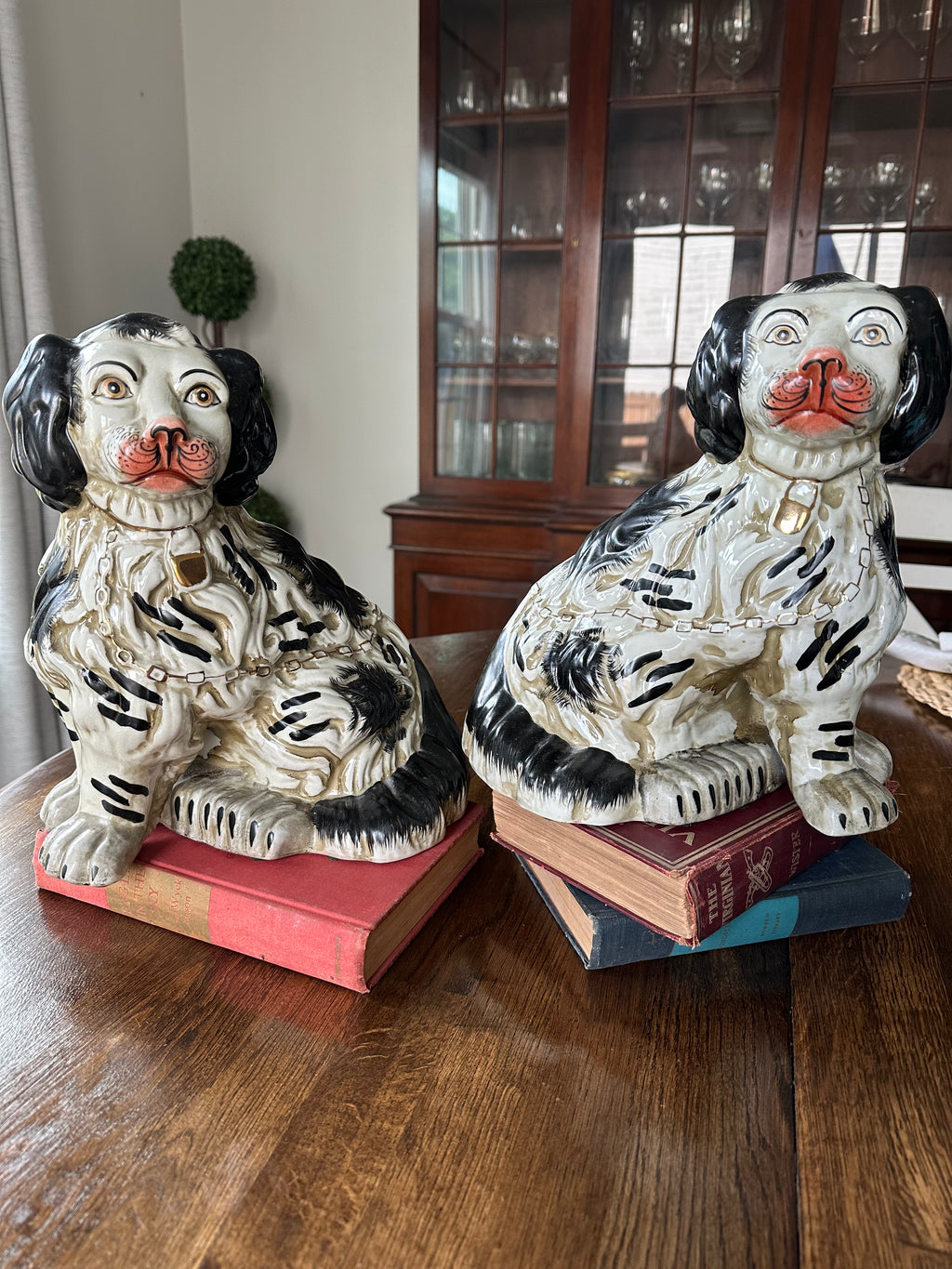 Pair of Vintage Staffordshire Style Spaniels | Black and White Mantel Dogs | 11"