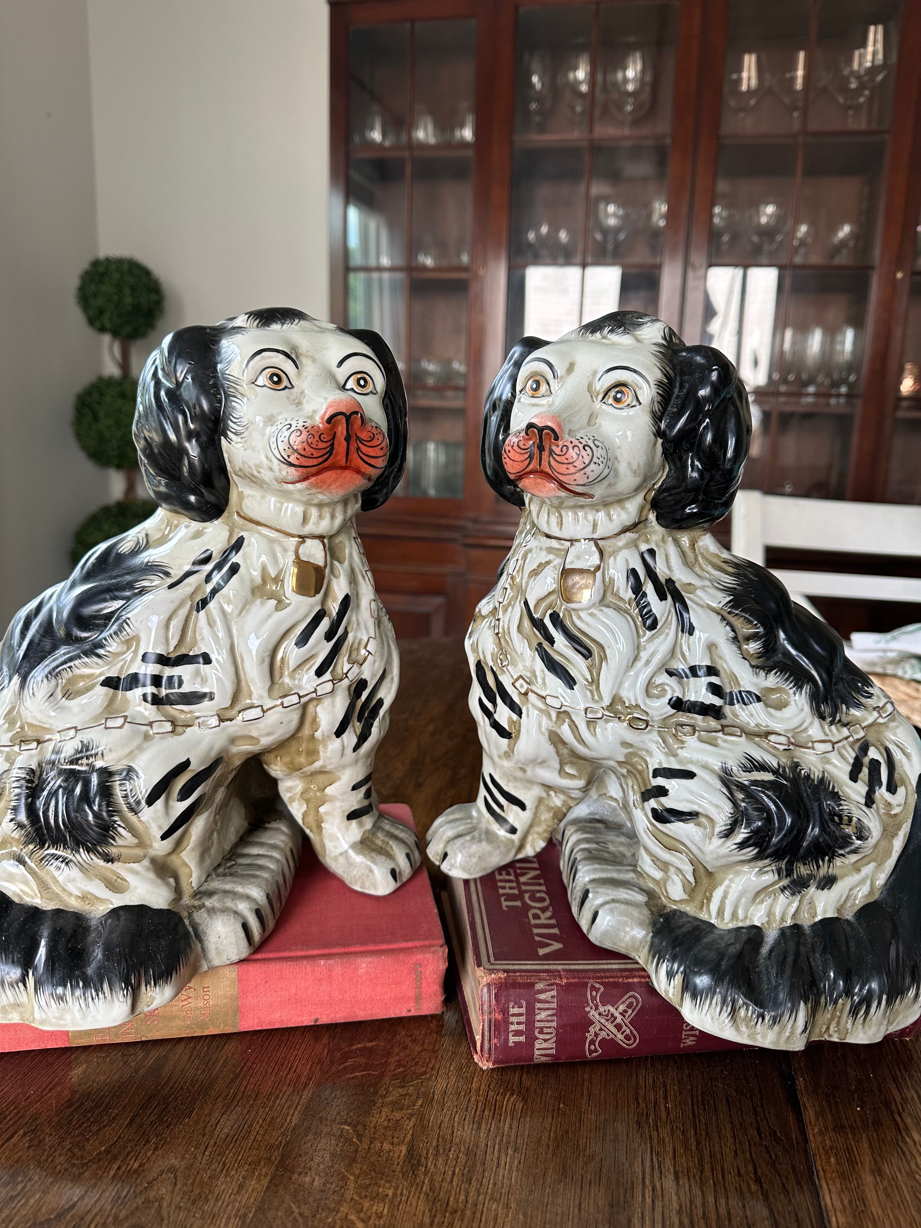 Pair of Vintage Staffordshire Style Spaniels | Black and White Mantel Dogs | 11"