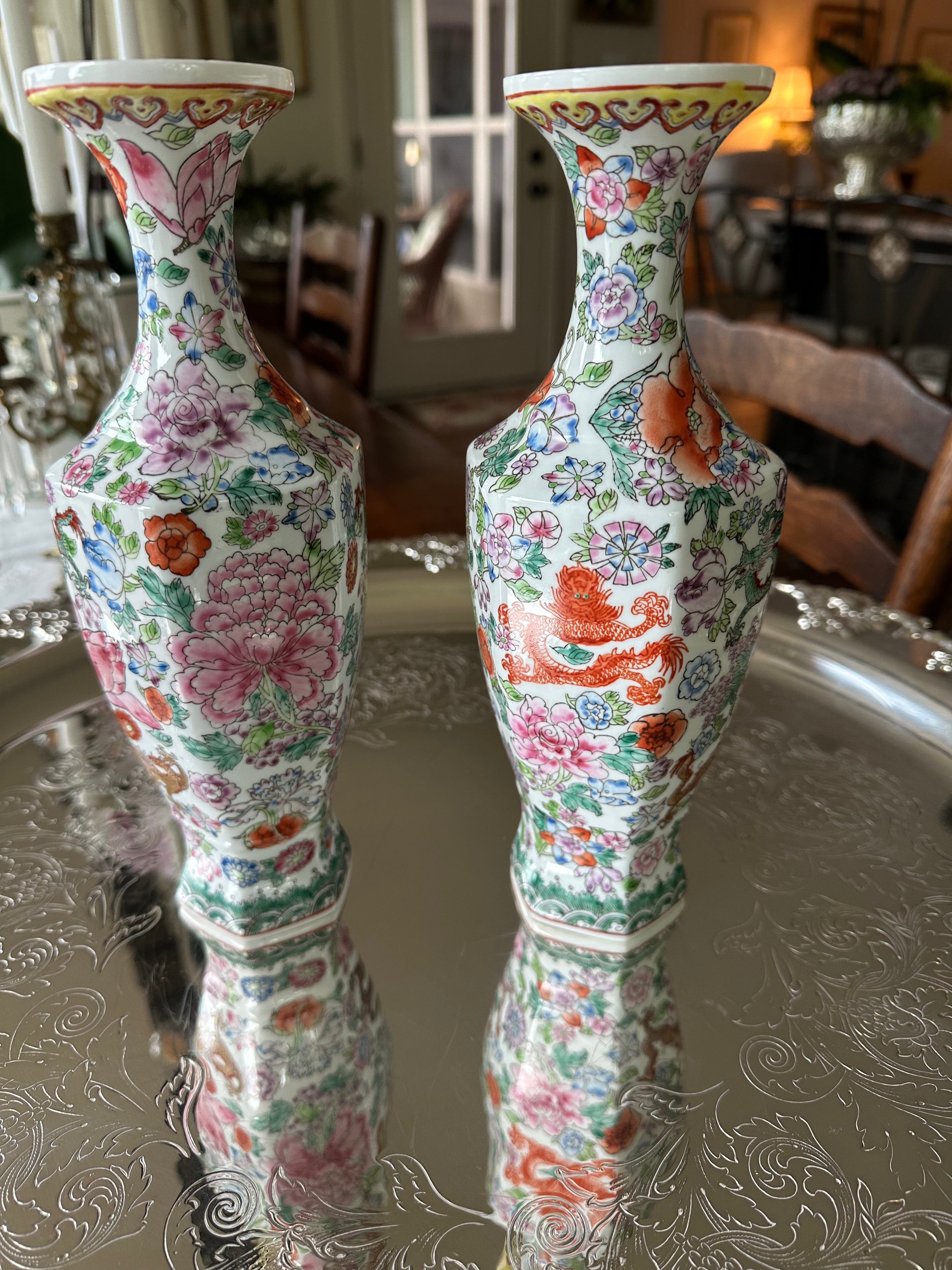 Famille Rose Pair of Chinese Eggshell Porcelain Vases