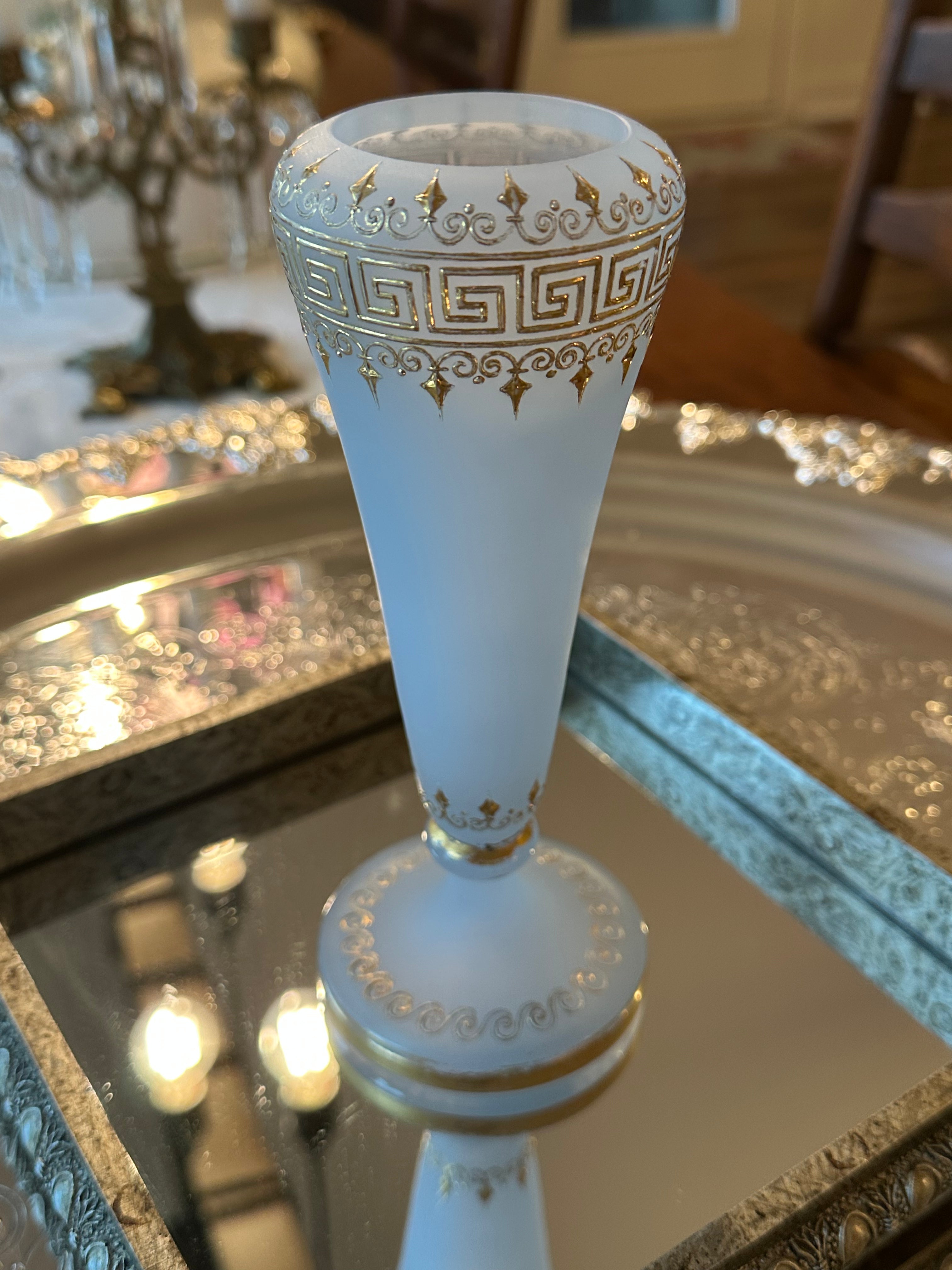 Antique French Blue Opaline Vase with Gilt Neoclassical Decoration, Circa 1880–1900