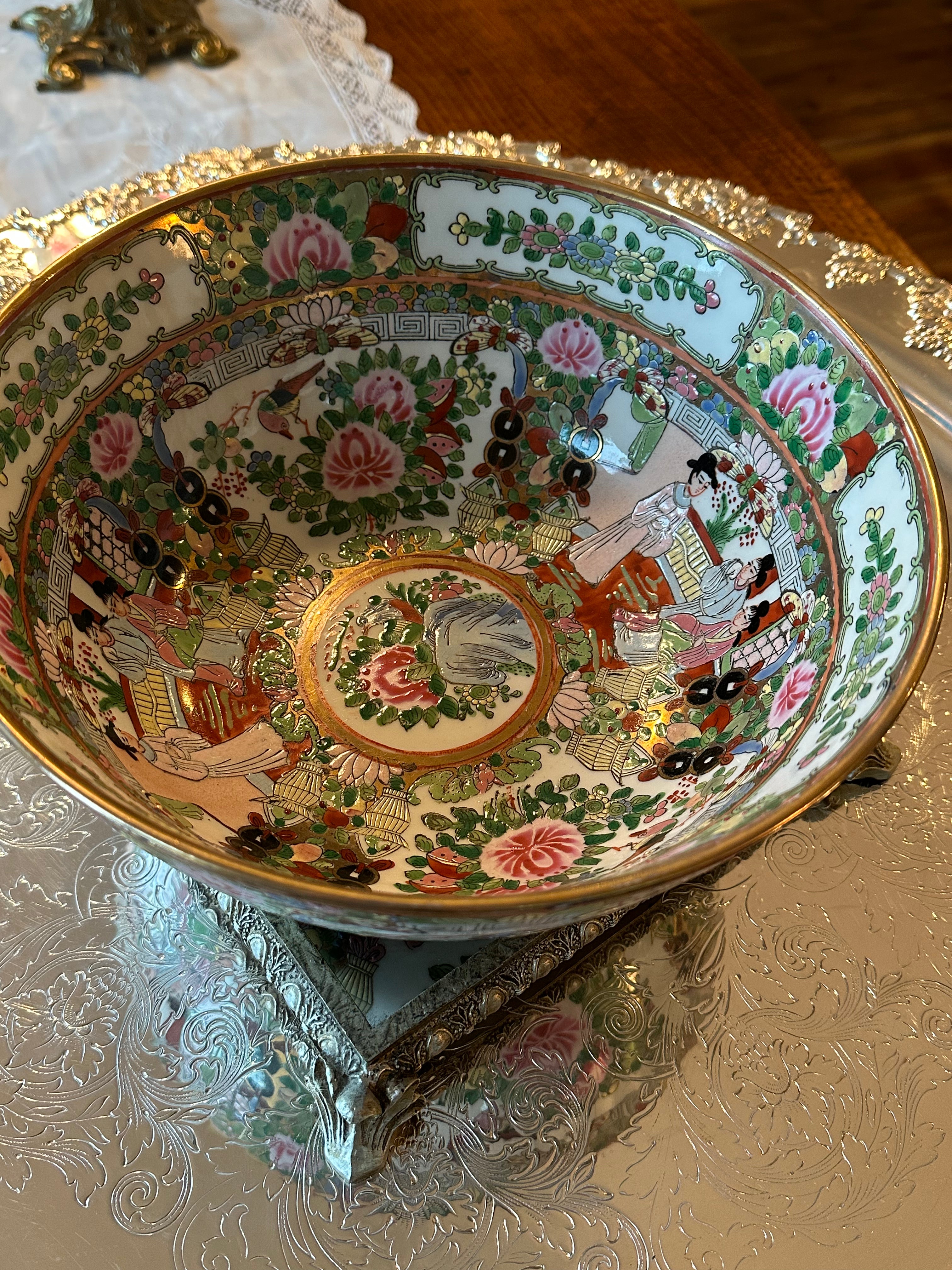 Vintage Famille Rose Chinese Porcelain Punch Bowl | Hand-Decorated Floral Bowl | 10” Diameter