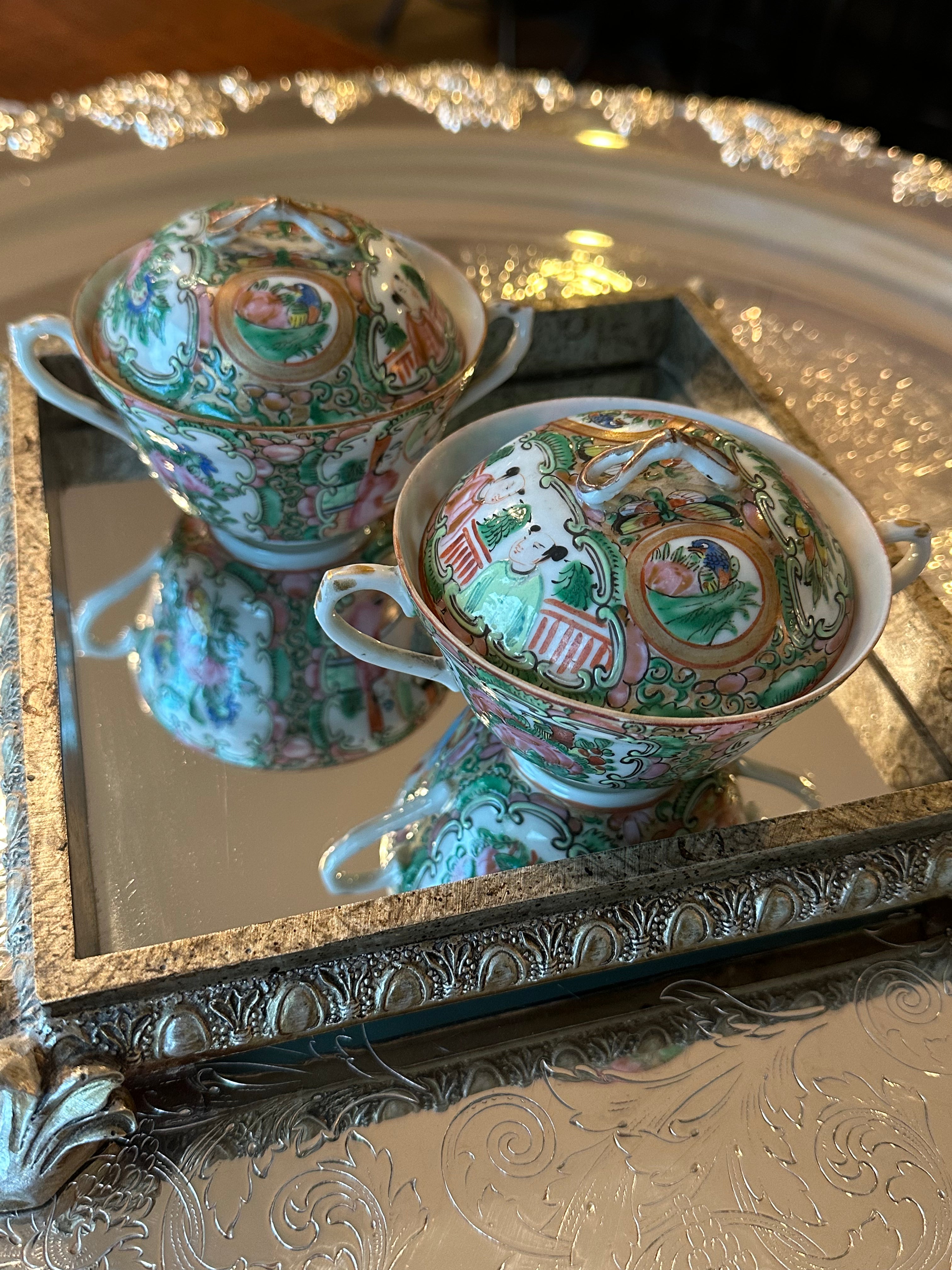 Pair of Antique Famille Rose Porcelain Bouillon Bowls with Lids | Chinese Porcelain Covered Bowls