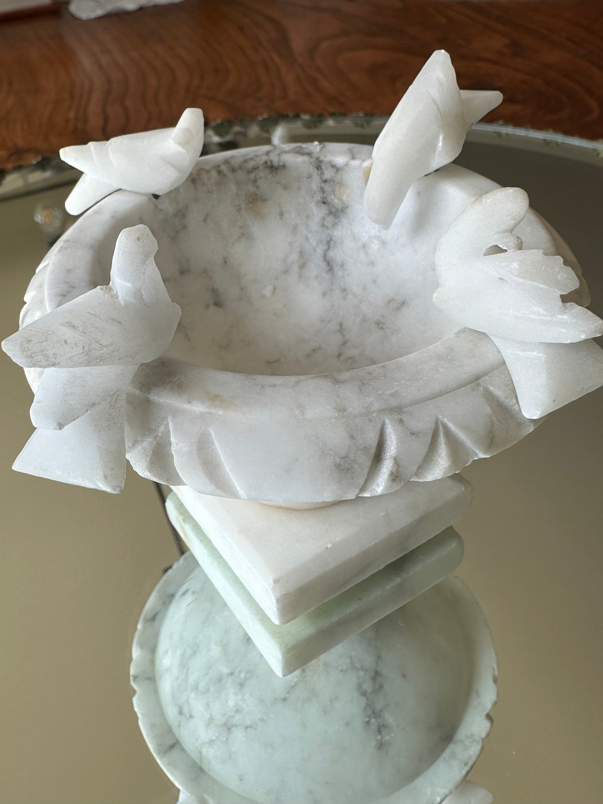 Vintage Italian Alabaster Bird Bath with Birds | Carved Stone Decorative Bowl