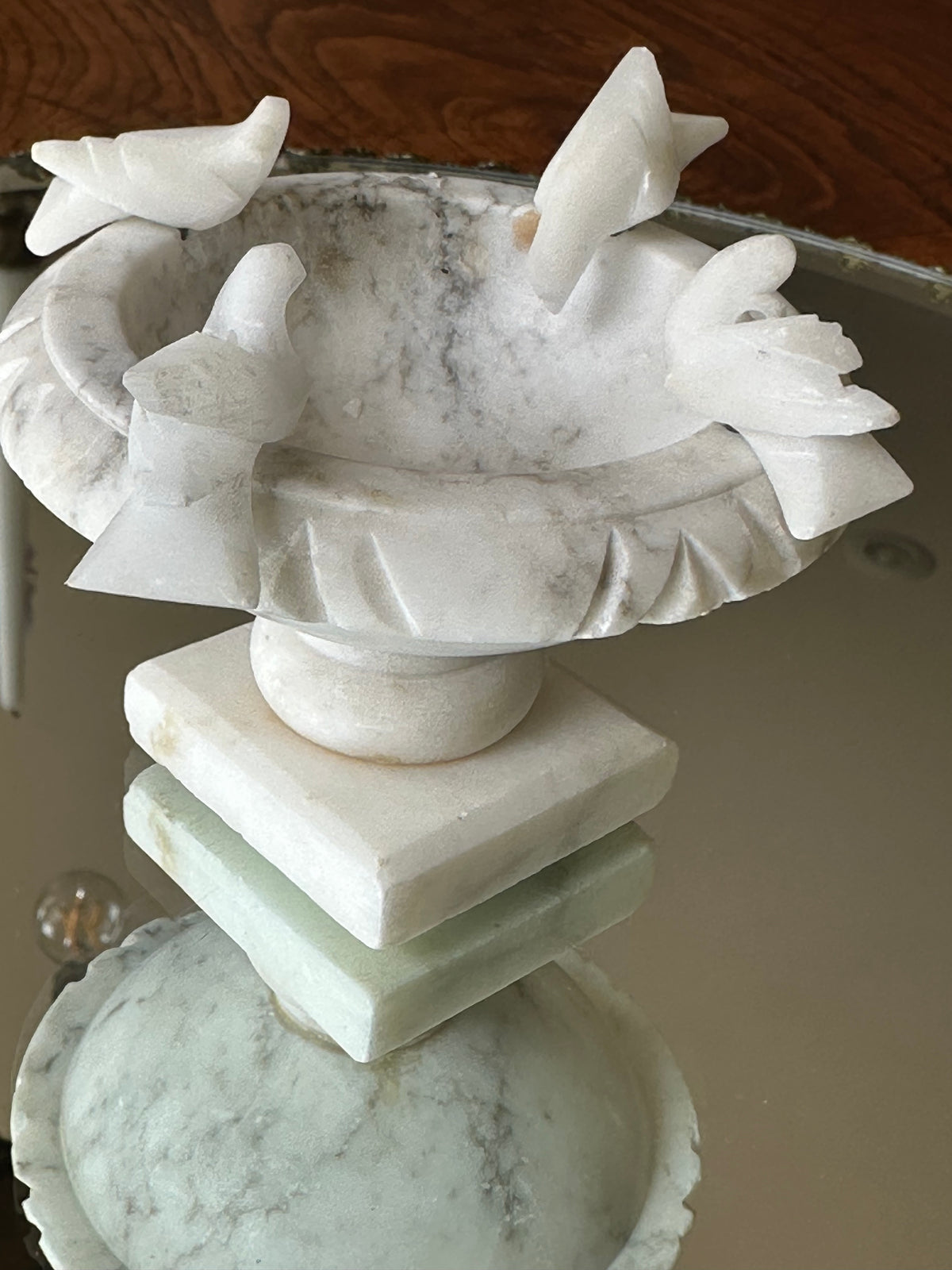 Vintage Italian Alabaster Bird Bath with Birds | Carved Stone Decorative Bowl