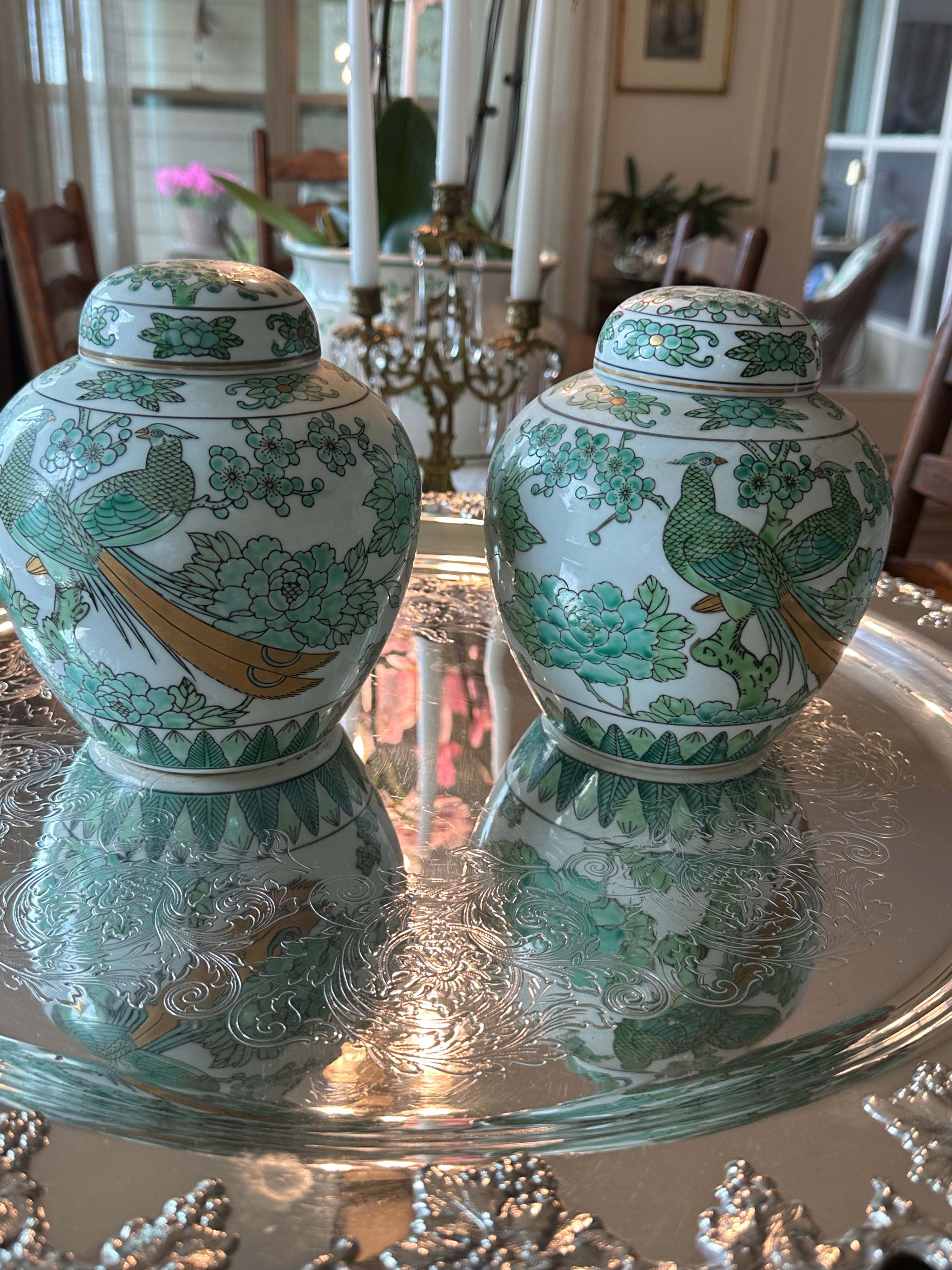Pair of Vintage Gold Imari Lidded Ginger Jars | Peacock Porcelain Decor | Japanese Inspired Chinoiserie