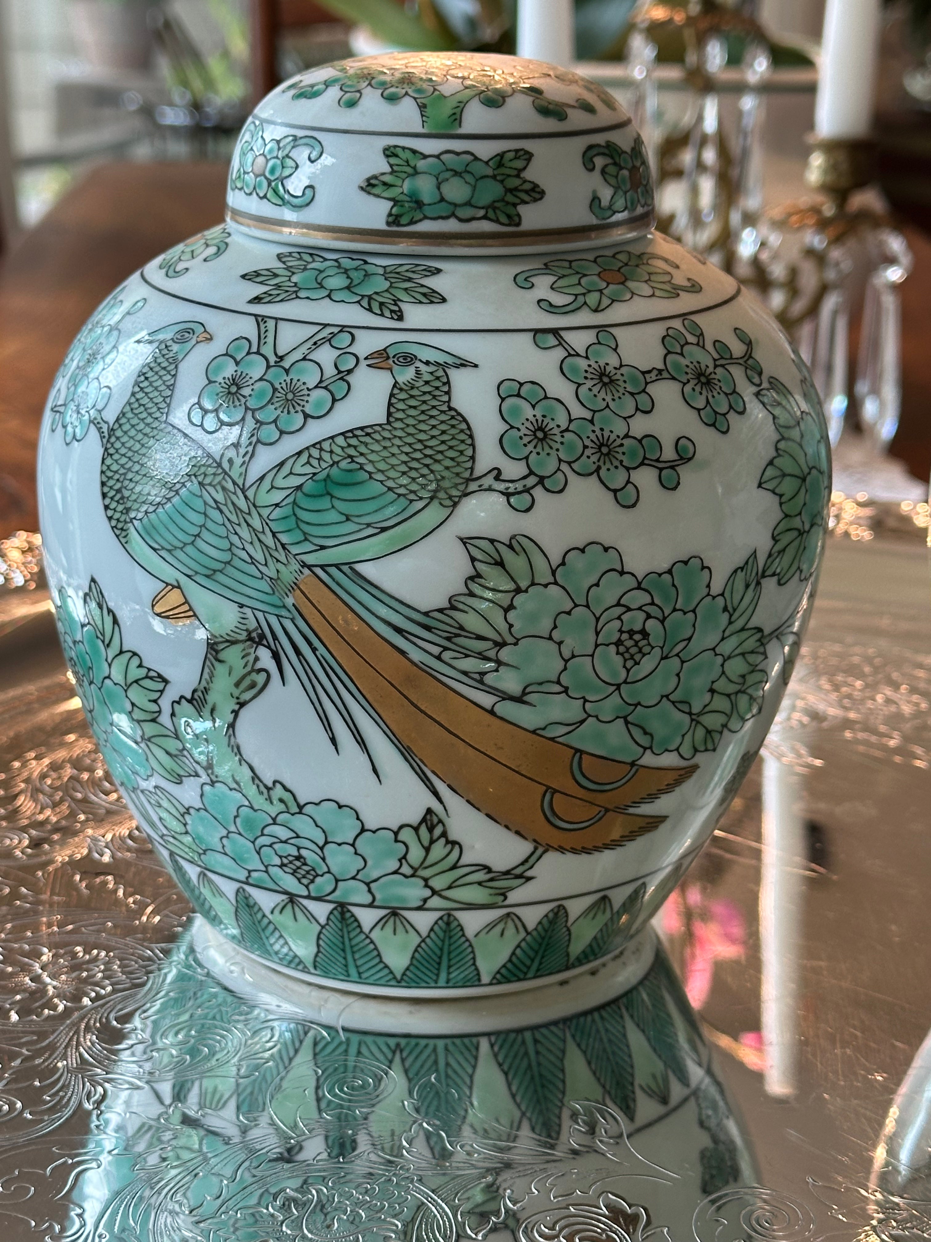 Pair of Vintage Gold Imari Lidded Ginger Jars | Peacock Porcelain Decor | Japanese Inspired Chinoiserie