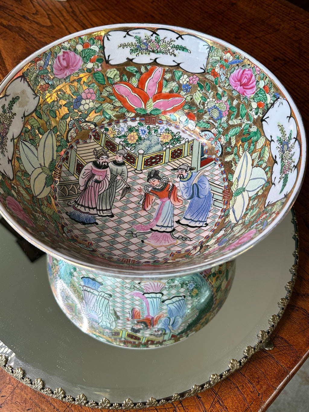 Vintage Chinese Famille Rose Porcelain Centerpiece Bowl | Hand Painted Figural Chinoiserie Bowl