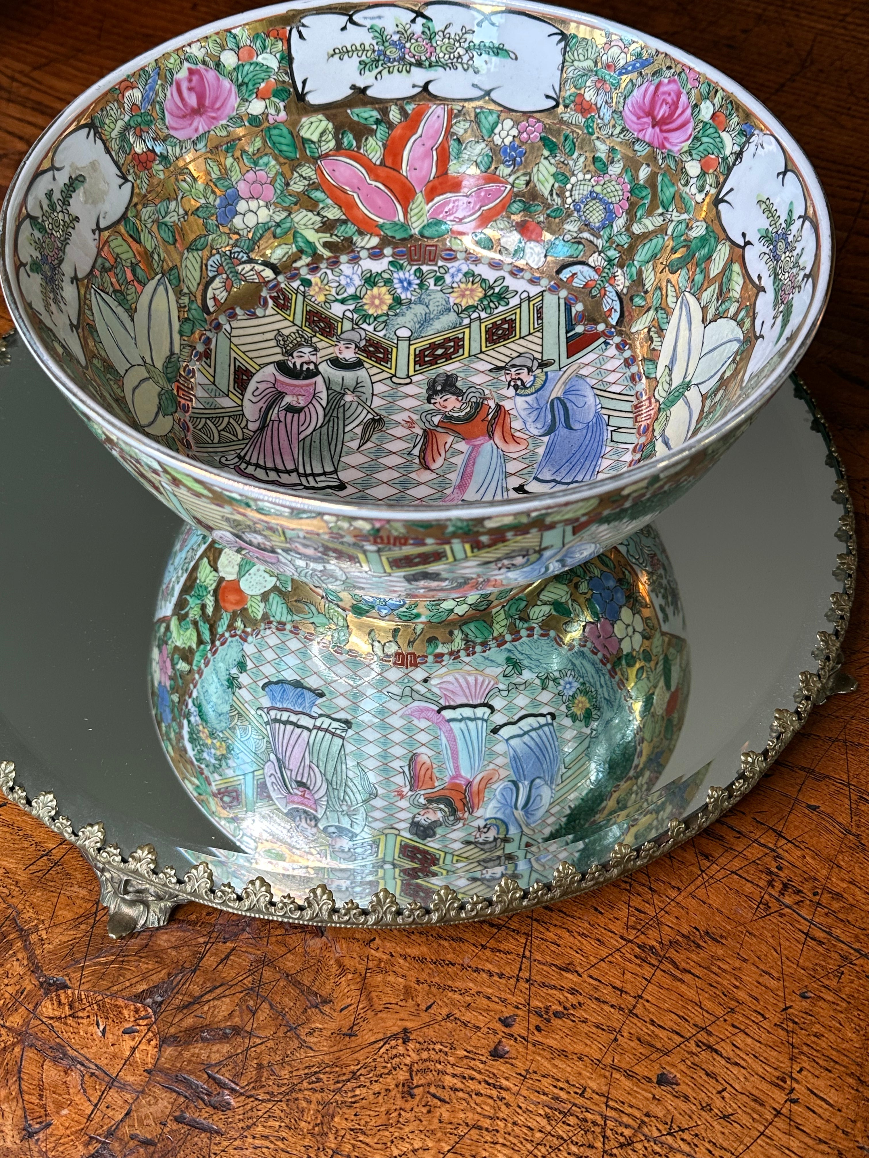 Vintage Chinese Famille Rose Porcelain Centerpiece Bowl | Hand Painted Figural Chinoiserie Bowl