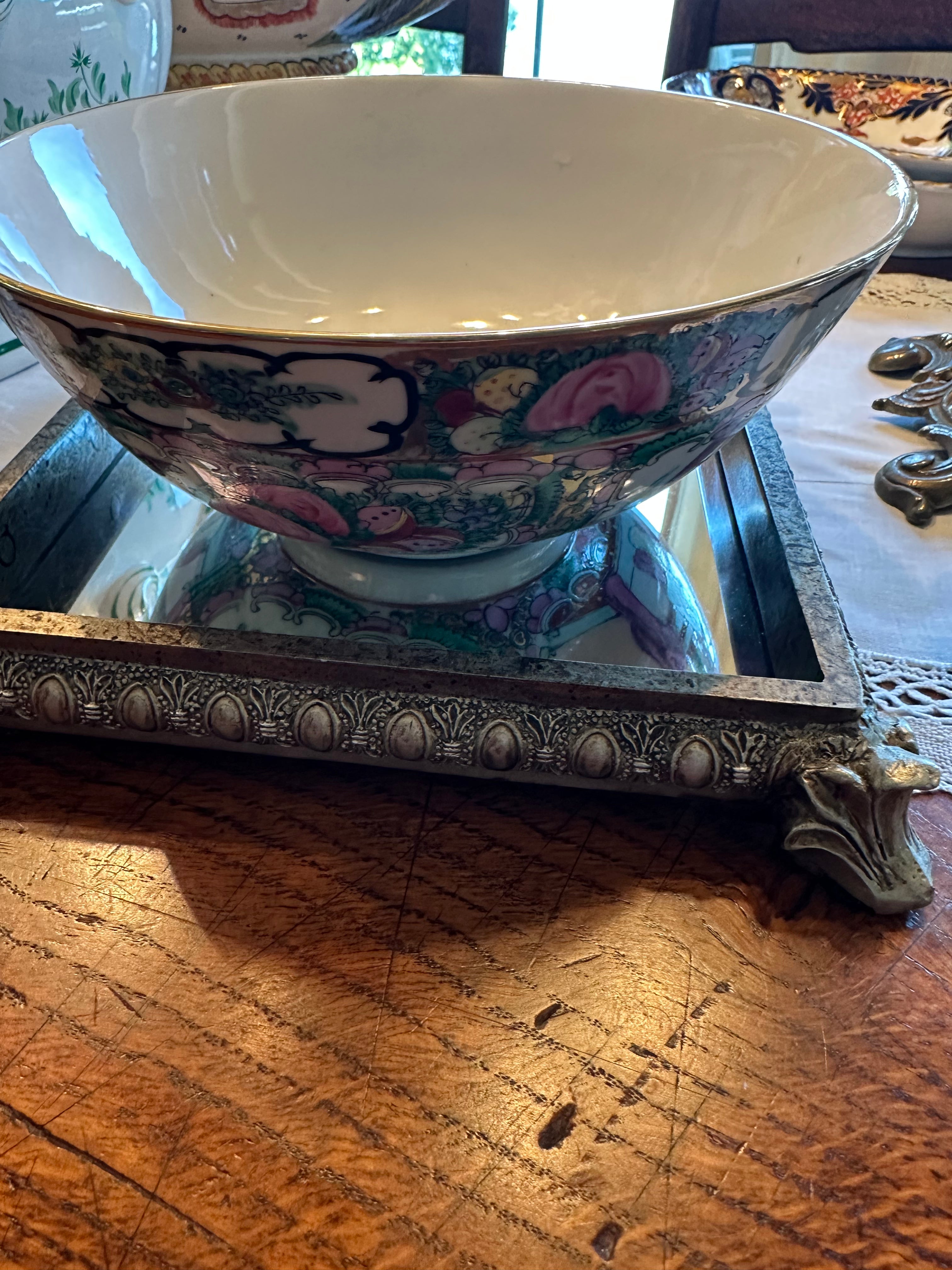Vintage Hand-Painted Hong Kong Rose Medallion Serving Bowl