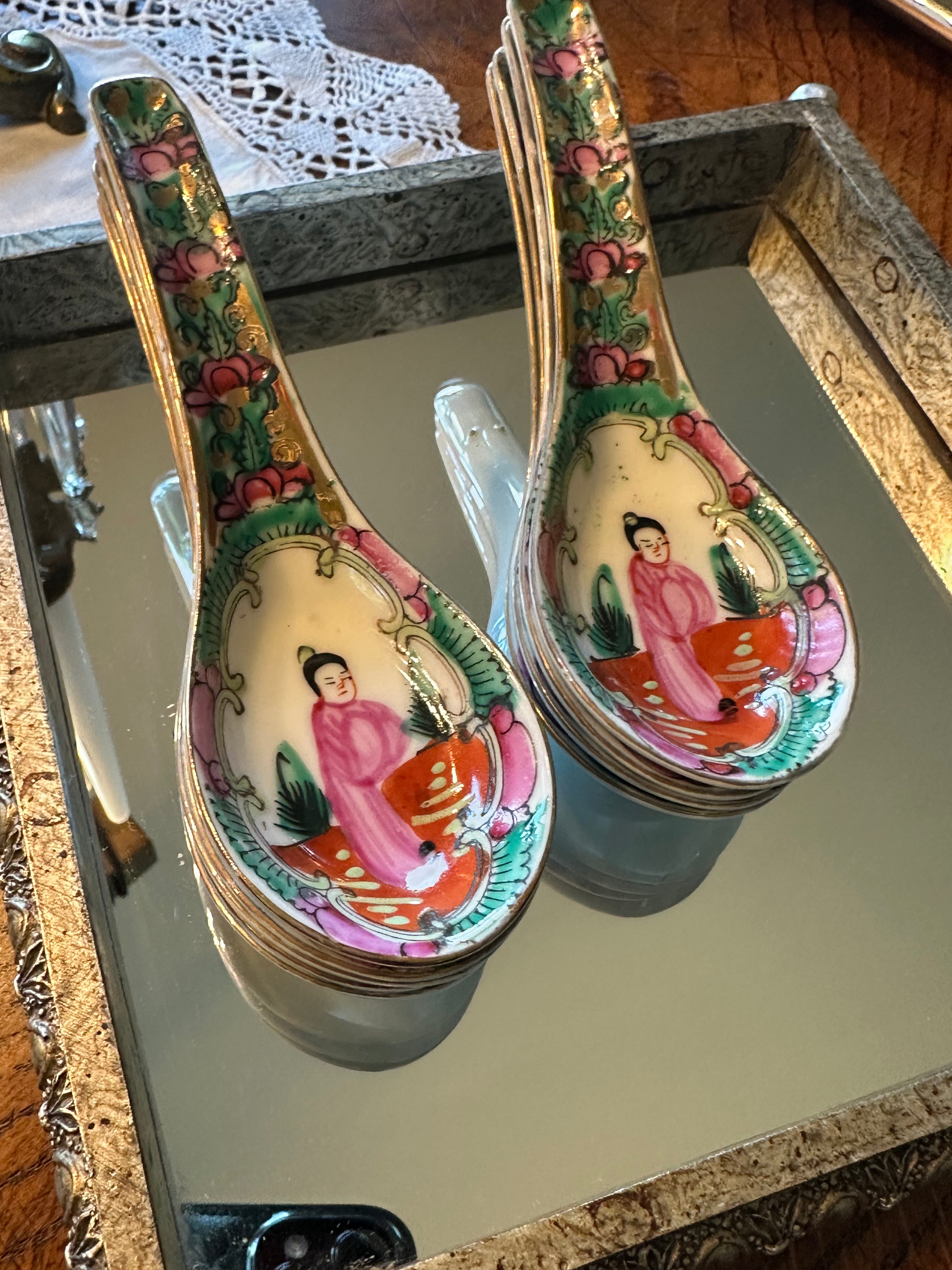 Vintage Hand-Painted Hong Kong Rose Medallion Porcelain Spoon