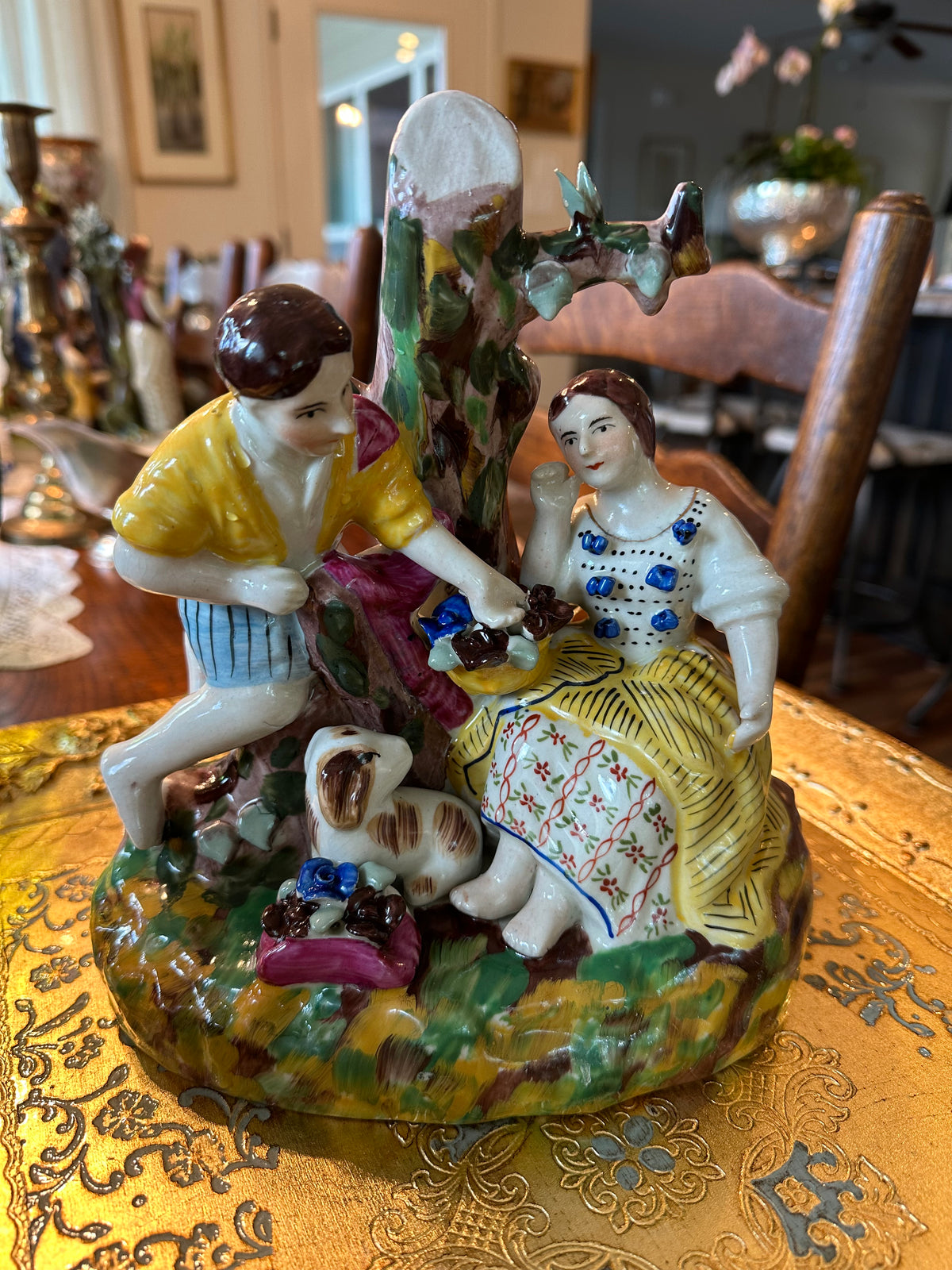 Vintage Staffordshire Style Courting Couple with Spaniel | 9.5"