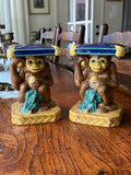 Pair of Majolica Style Monkey Pedestals with Blue Cushions