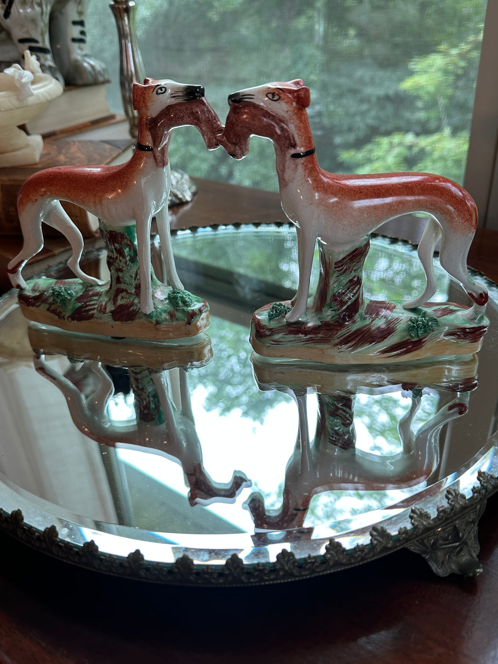 Pair of Vintage Staffordshire Whippets with Hare | Hunting Dogs