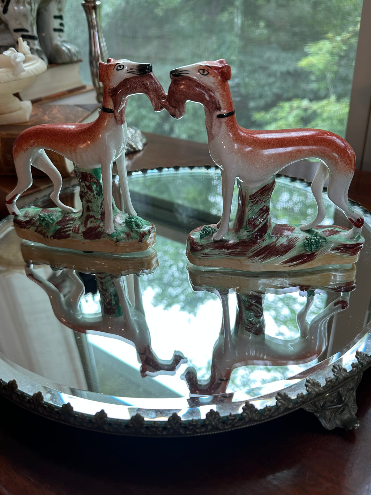 Pair of Vintage Staffordshire Whippets with Hare | Hunting Dogs