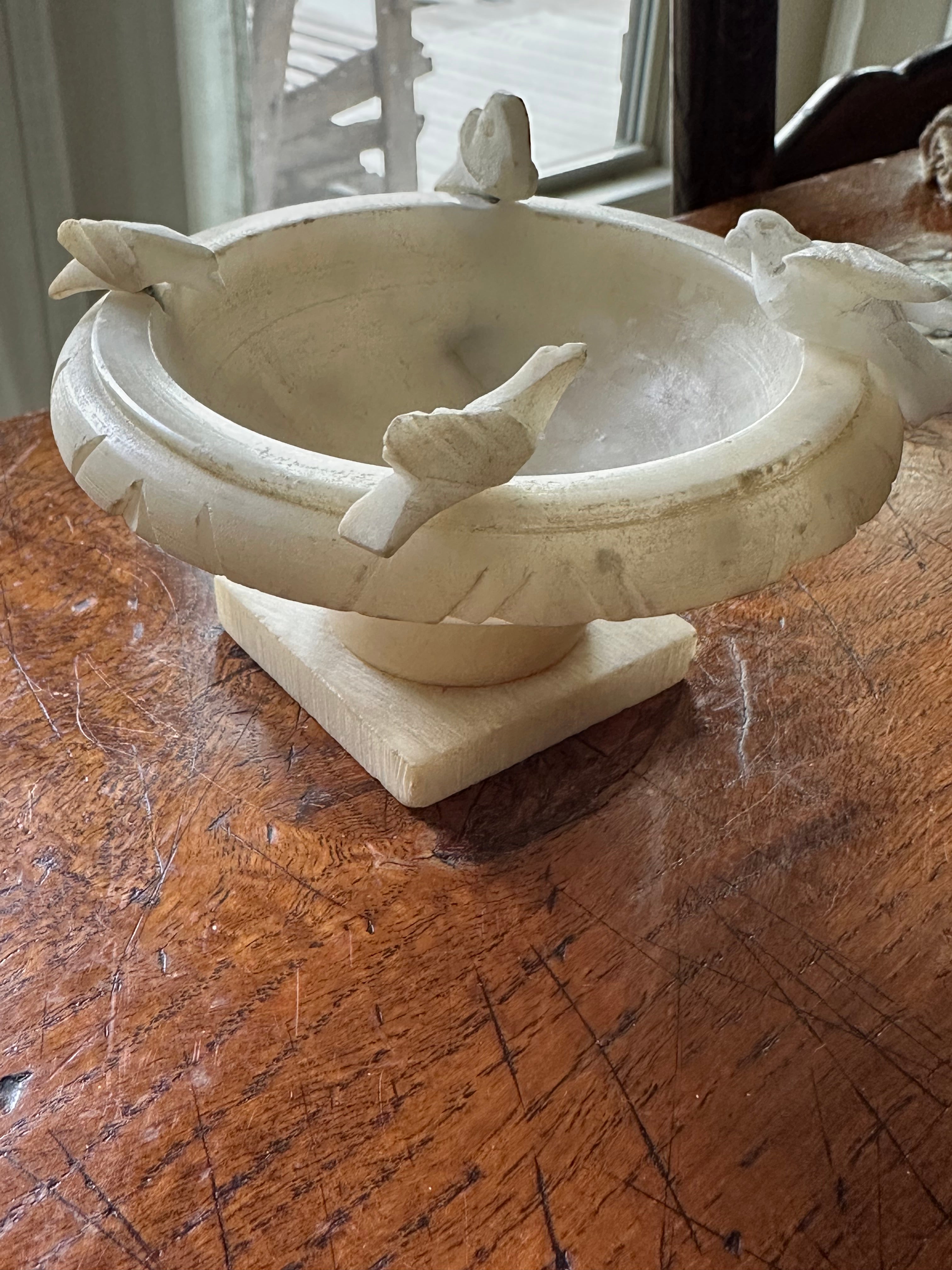 Vintage Alabaster Birdbath with Four Birds – 5 Inch Diameter