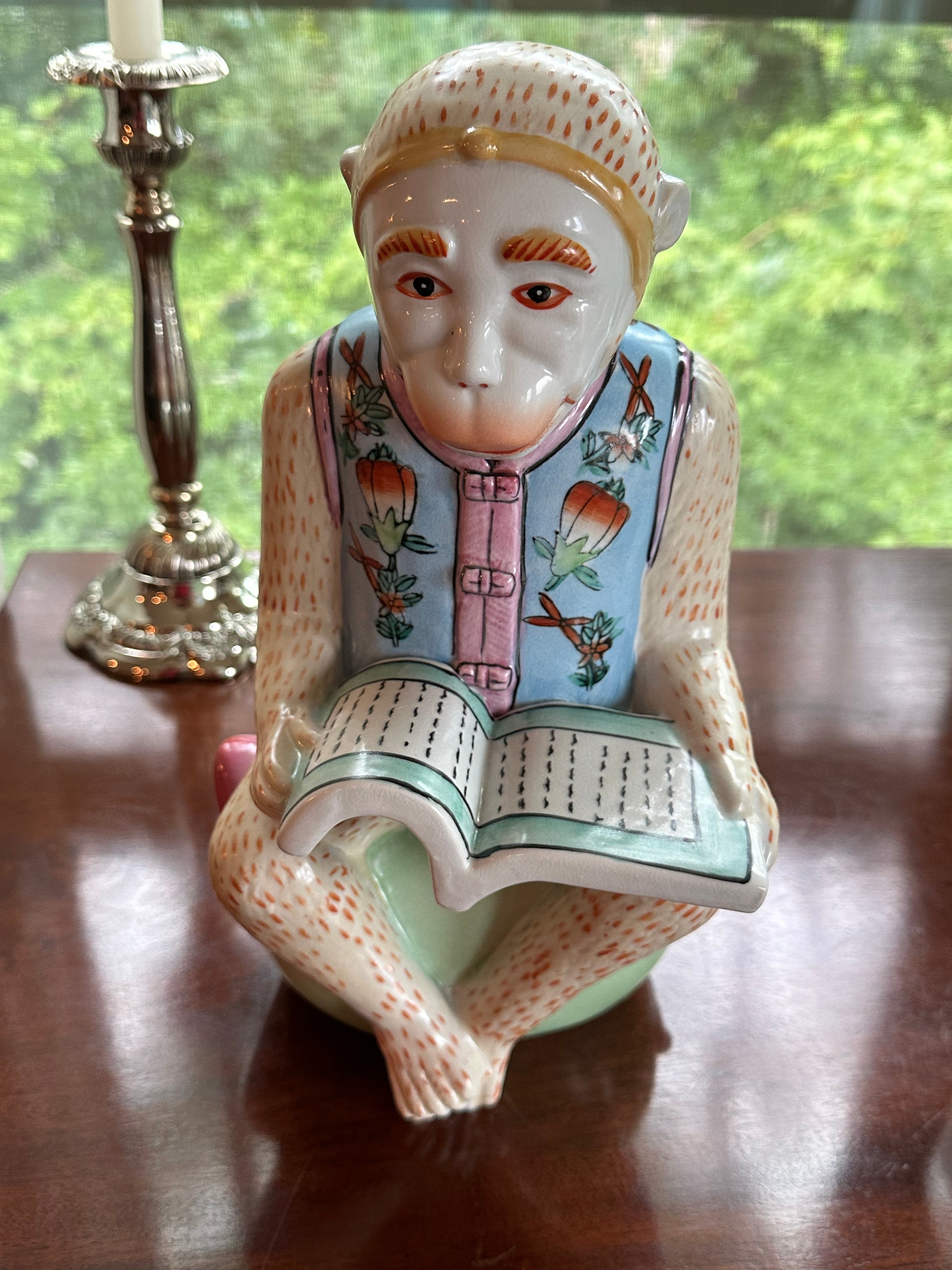 Chinoiserie Style Monkey Reading Book Figurine