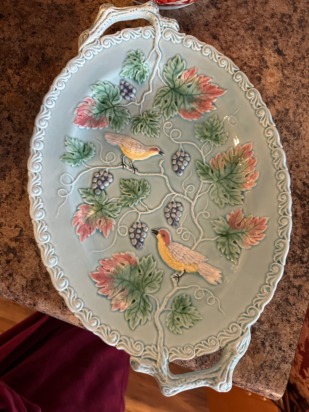 Vintage Majolica Bird Platter | Blue & Green Ceramic Serving Dish