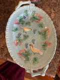 Vintage Majolica Bird Platter | Blue & Green Ceramic Serving Dish