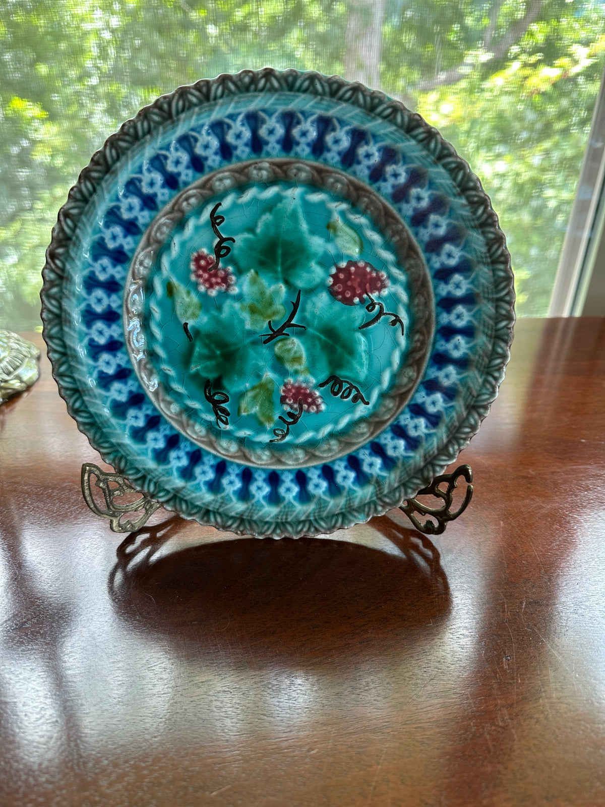 Antique German Majolica Cabinet Plate | Turquoise & Cobalt Floral Pottery | Circa 1880–1910