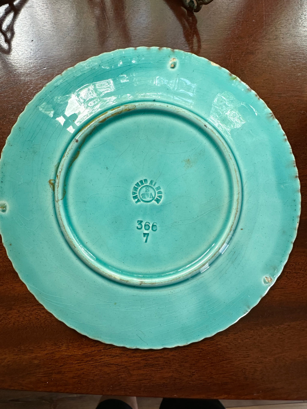 Antique German Majolica Cabinet Plate | Turquoise & Cobalt Floral Pottery | Circa 1880–1910