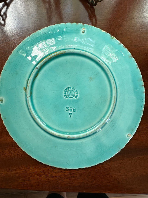 Antique German Majolica Cabinet Plate | Turquoise & Cobalt Floral Pottery | Circa 1880–1910
