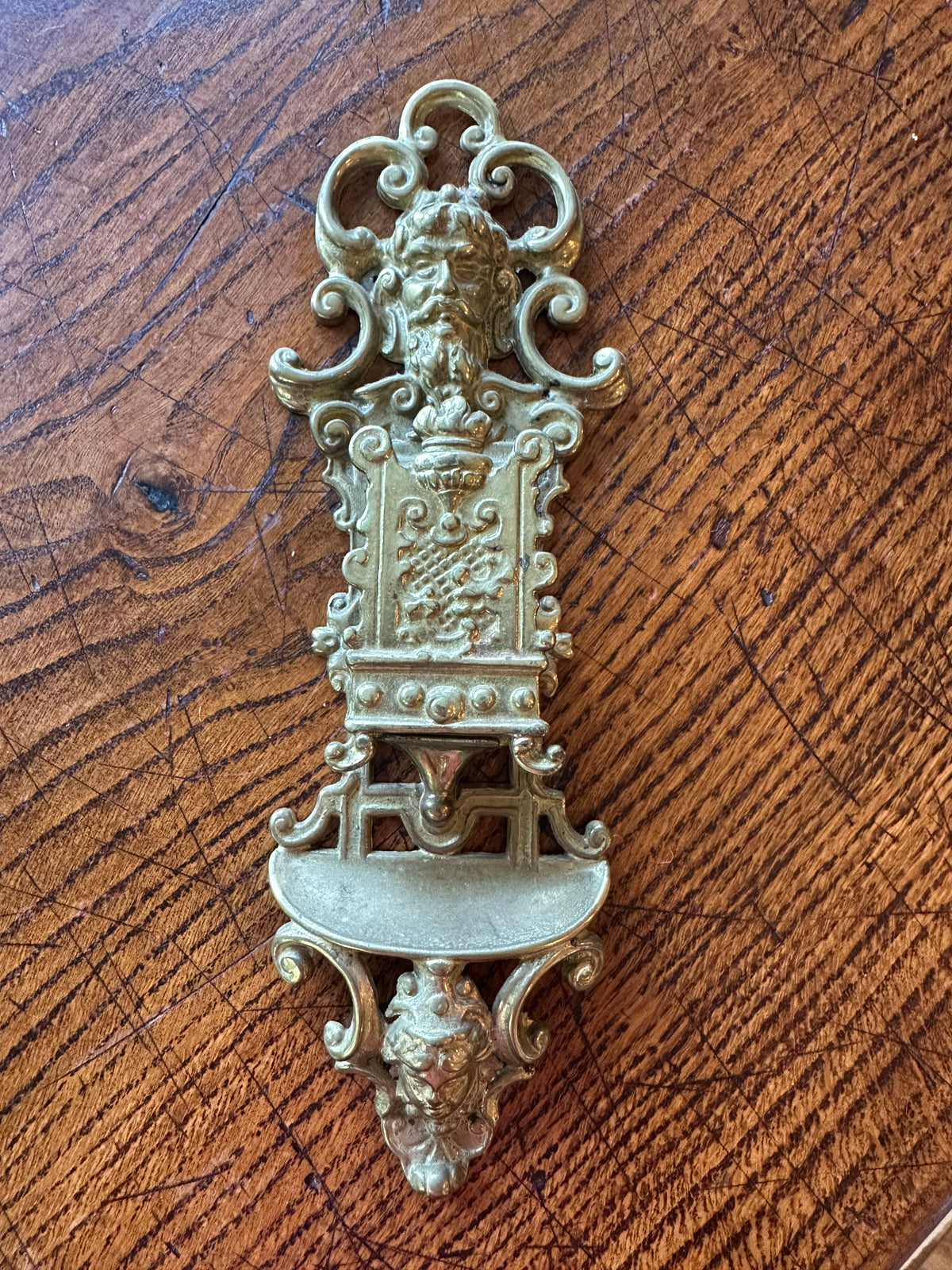 Victorian Cast Brass Wall Match Holder | Ornate Fireplace Match Safe | English Brass Wall Pocket | Architectural Decor