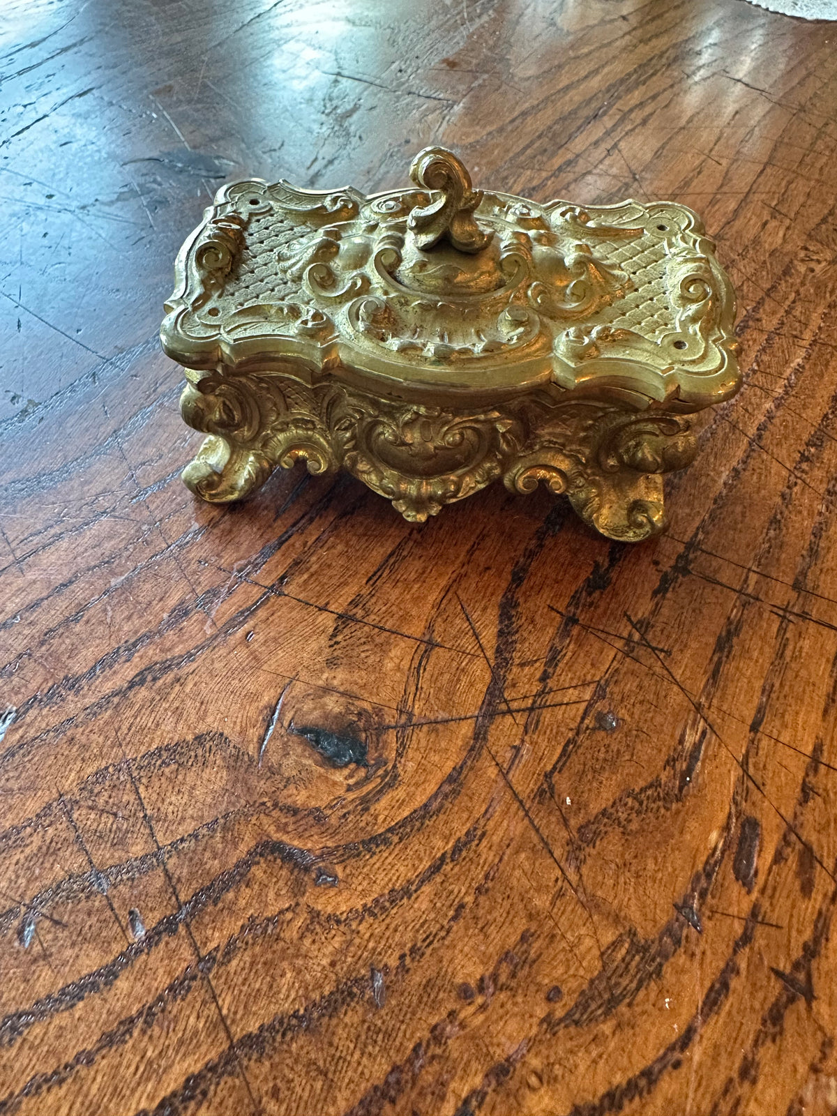 Vintage Bronze Stamp Holder | Ornate Rococo Desk Accessory | Decorative Bronze Stamp Box | Grandmillennial Office Decor