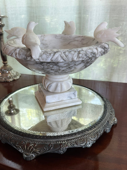 11' Vintage Italian Alabaster Birdbath with Four Birds | Hand-Carved Stone Centerpiece | Hollywood Regency | Grandmillennial Decor