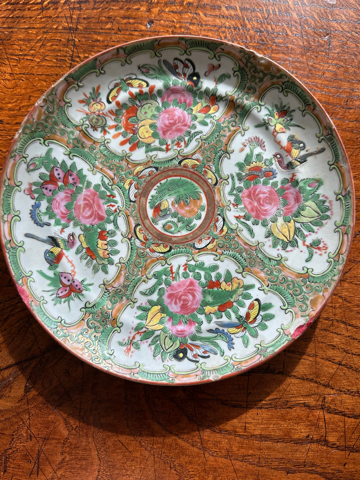 Antique Chinese Rose Canton Porcelain Plate | Hand-Painted | As-Is with Chips