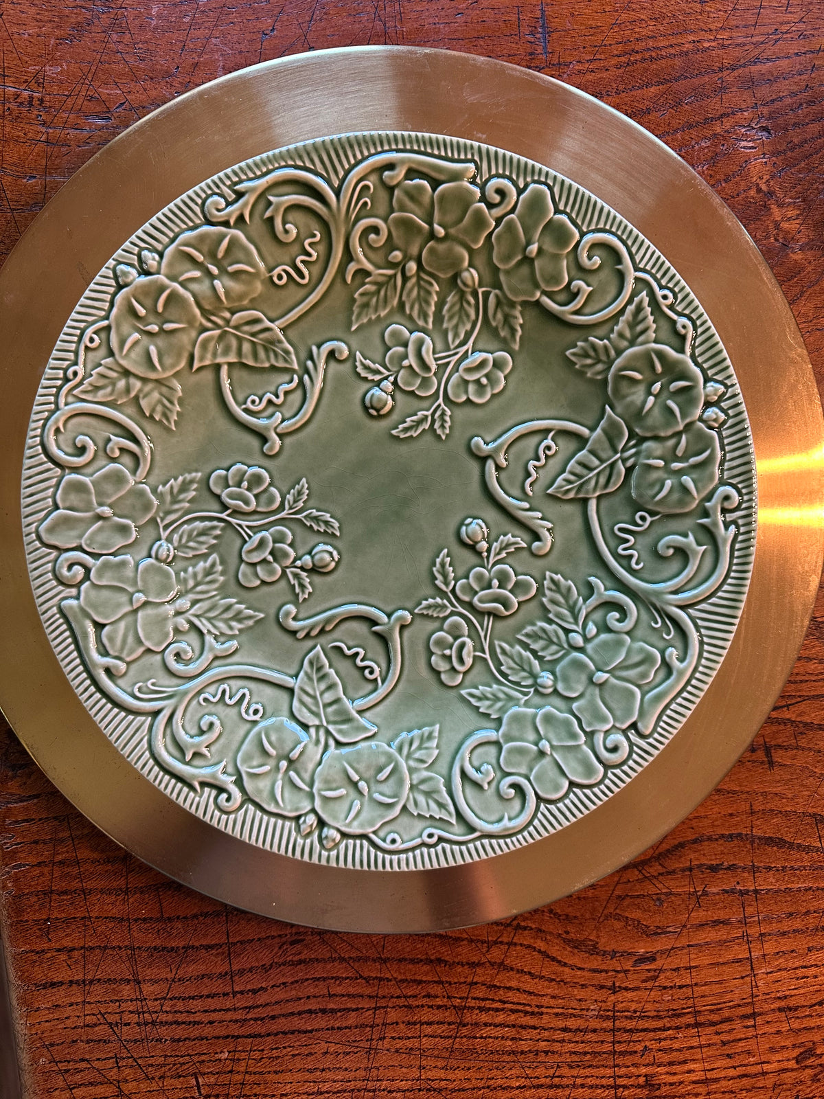 Bordallo Pinheiro Green Floral Charger Plate 11" | Portuguese Majolica