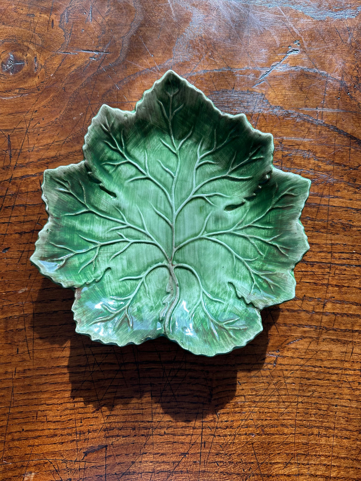Vintage Majolica Leaf Plate – Made in Portugal – 7.5" Green Botanical Serving Plate