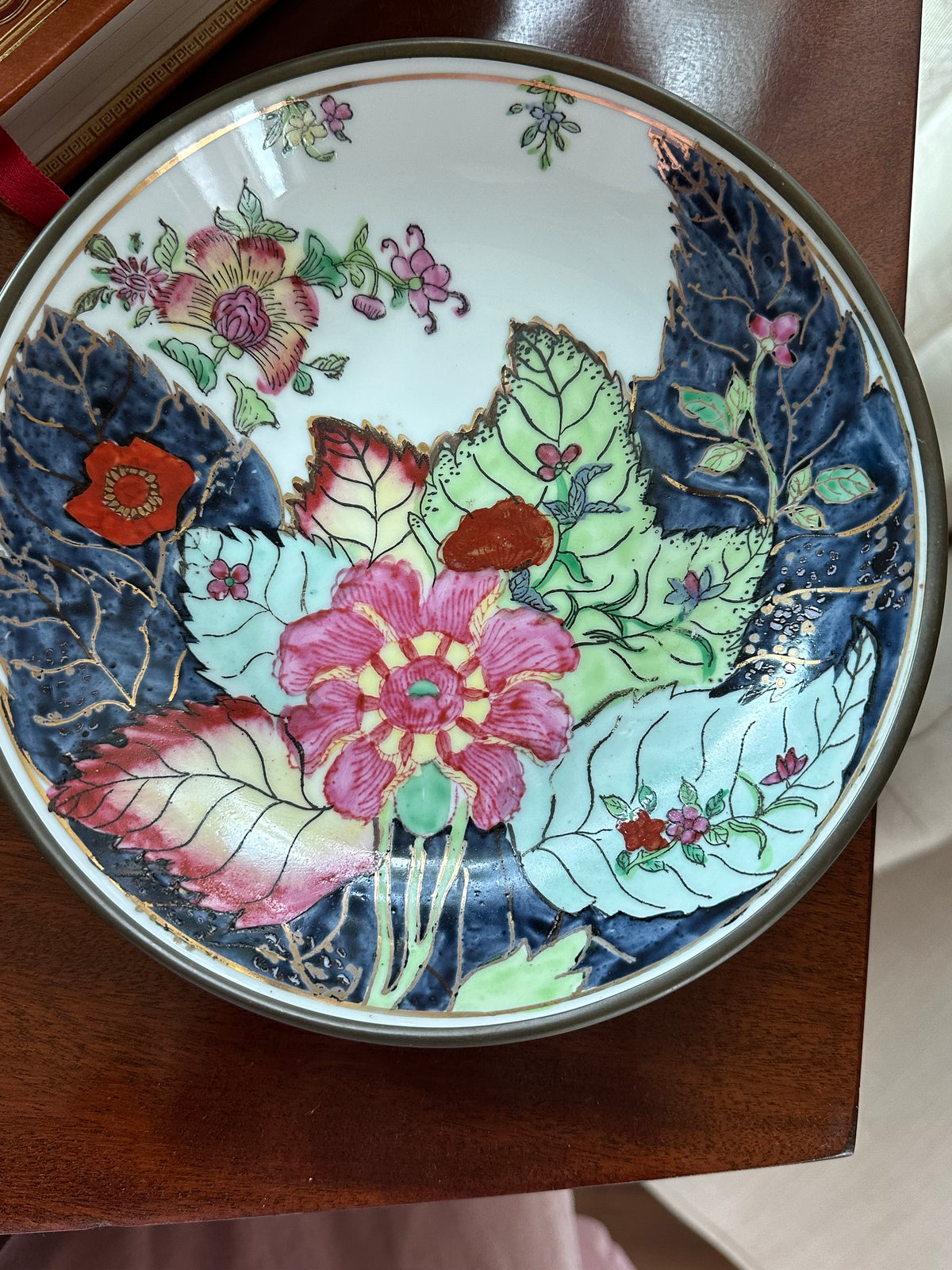 Vintage Tobacco Leaf Porcelain Bowl Encased in Pewter | 7.75" Decorative Bowl