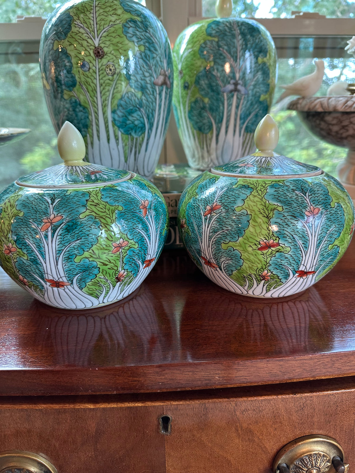 Vintage Chinese Bok Choy Ginger Jars – Pair – 6.5" Tall Hand-Painted Porcelain